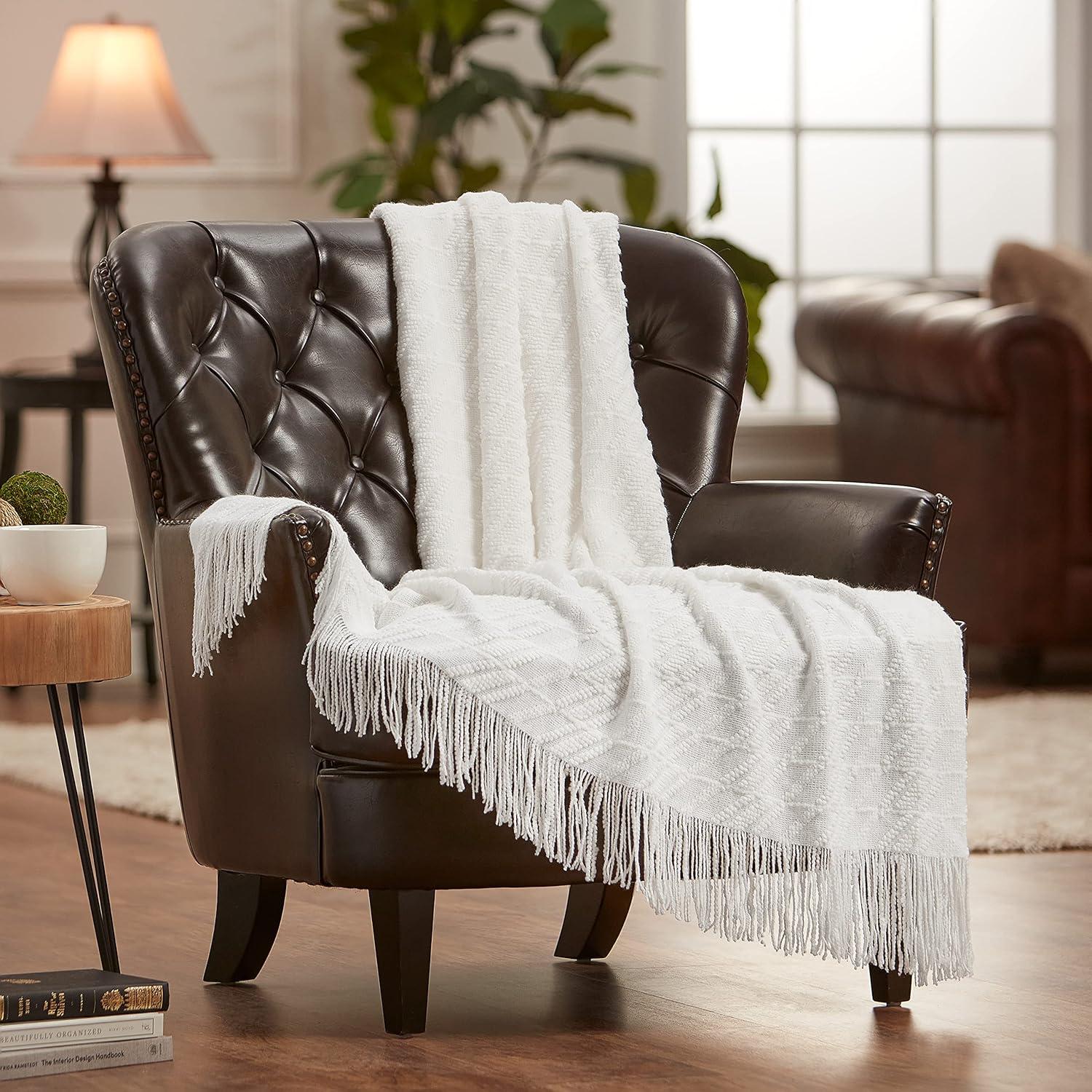 Chanasya Bevel Acrylic Knit Boho Throw Blanket With Tassels - (50x65 Inches) White Cloud