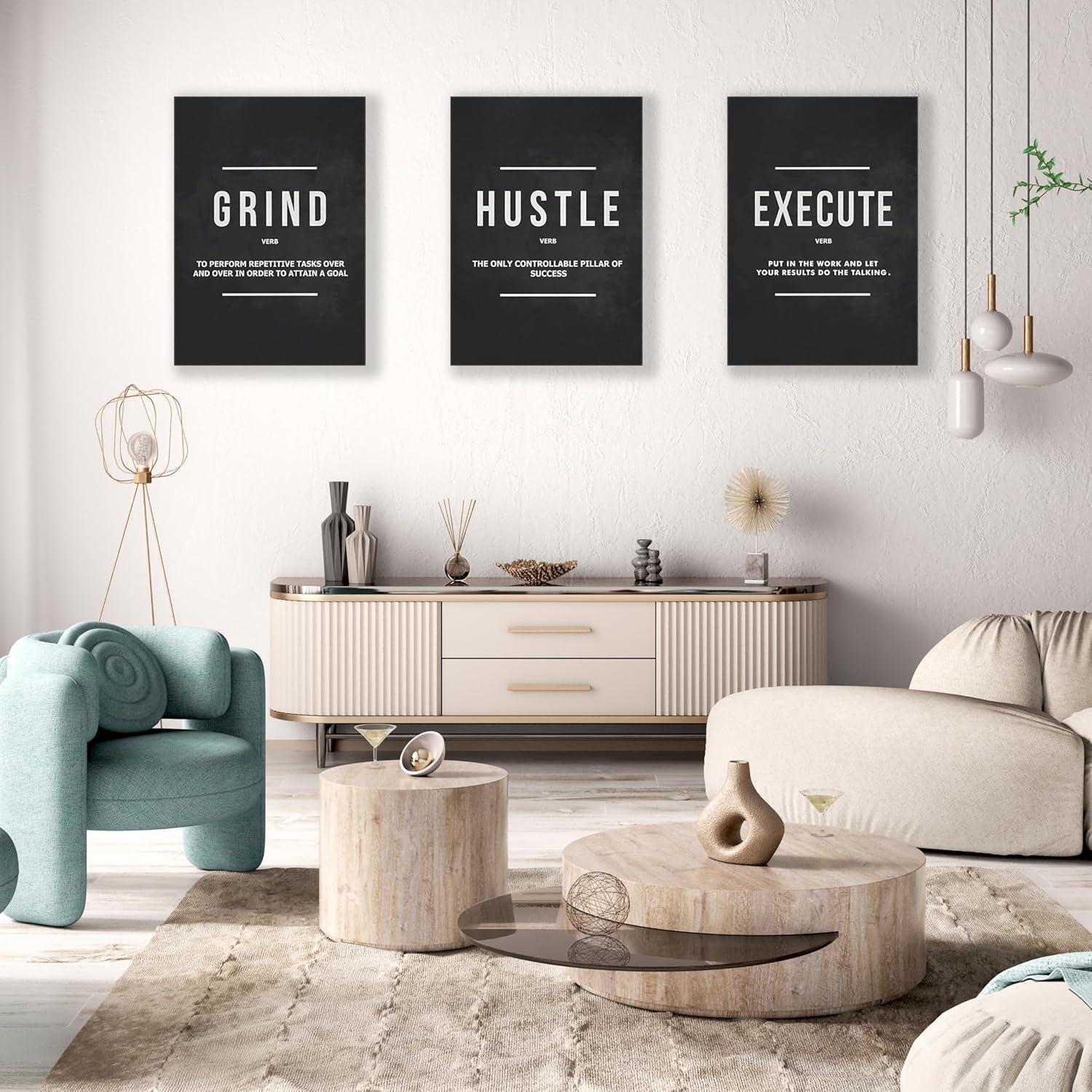 Motivational Office Wall Decor Inspirational Success Canvas Wall Art Hustle Posters Prints Entrepreneur Quote Wall Picture Paintings 3 Pieces Artwork Home Bedroom Framed Easy to Hang(36”Wx16”H)