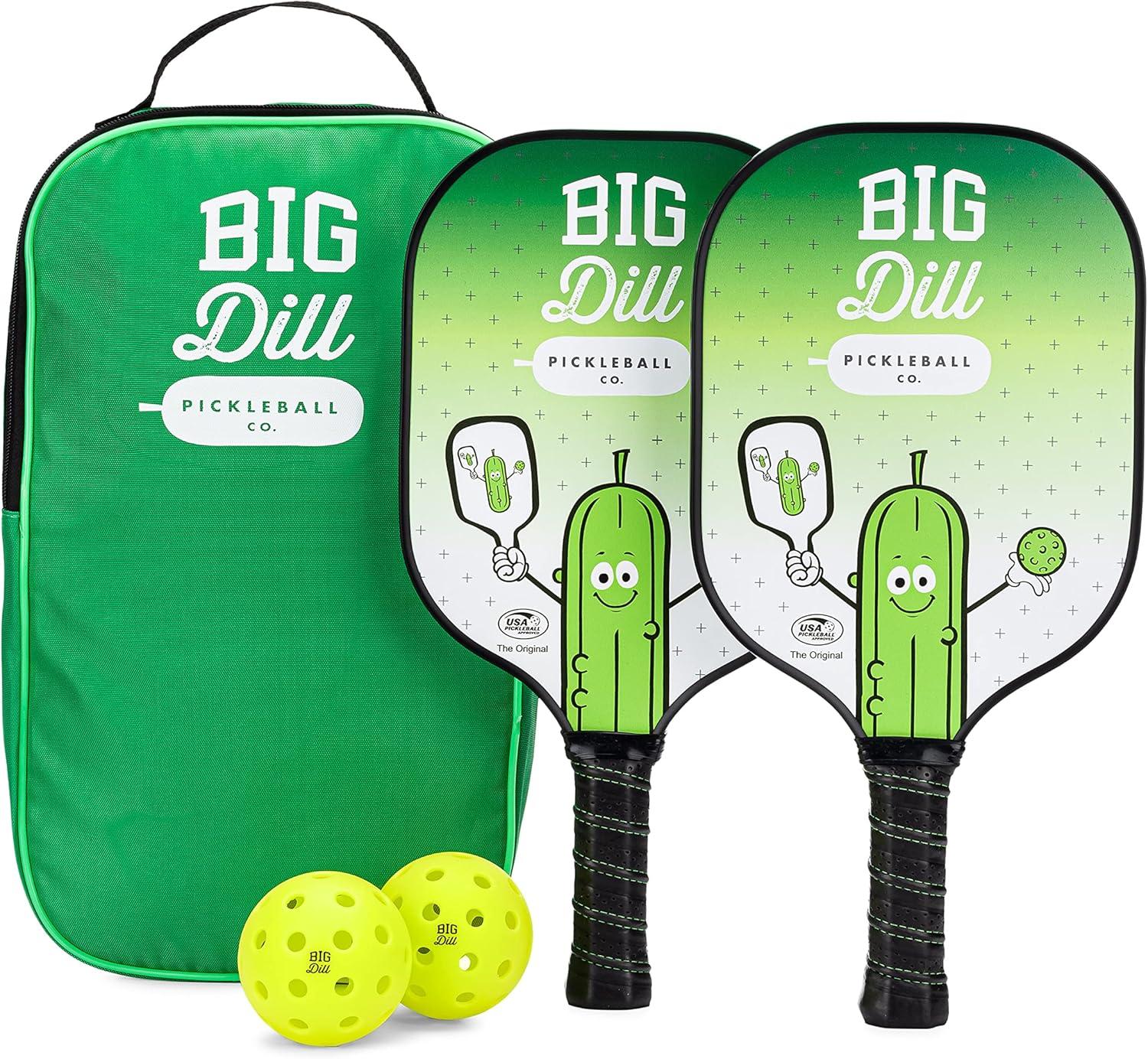 Big Dill Pickleball Co. Original Graphite Carbon Fiber Pickleball Paddles Set of 2 Paddles with Covers, 2 Pickleballs & Bag — Top-Rated Pickleball Set