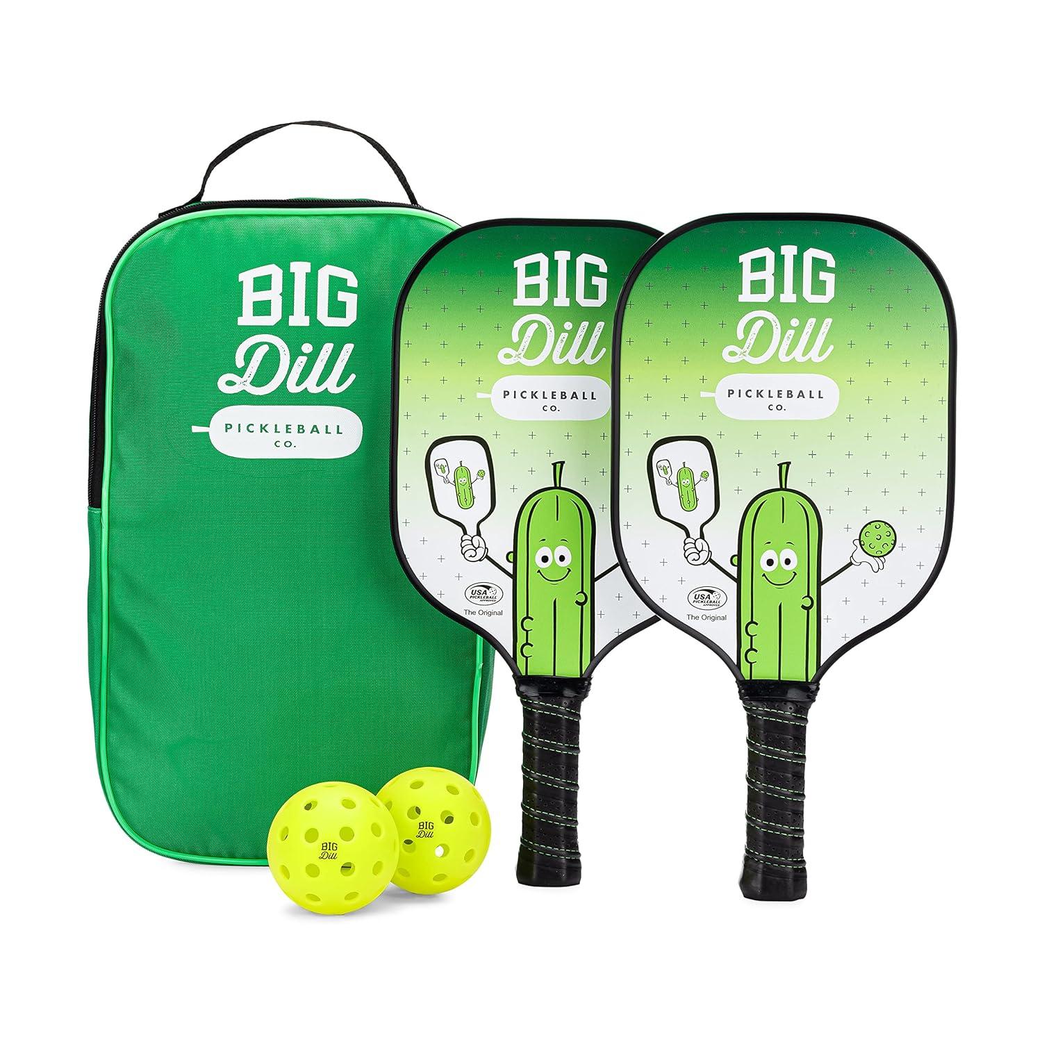 Big Dill Pickleball Co. Original Graphite Carbon Fiber Pickleball Paddles Set of 2 Paddles with Covers, 2 Pickleballs & Bag — Top-Rated Pickleball Set