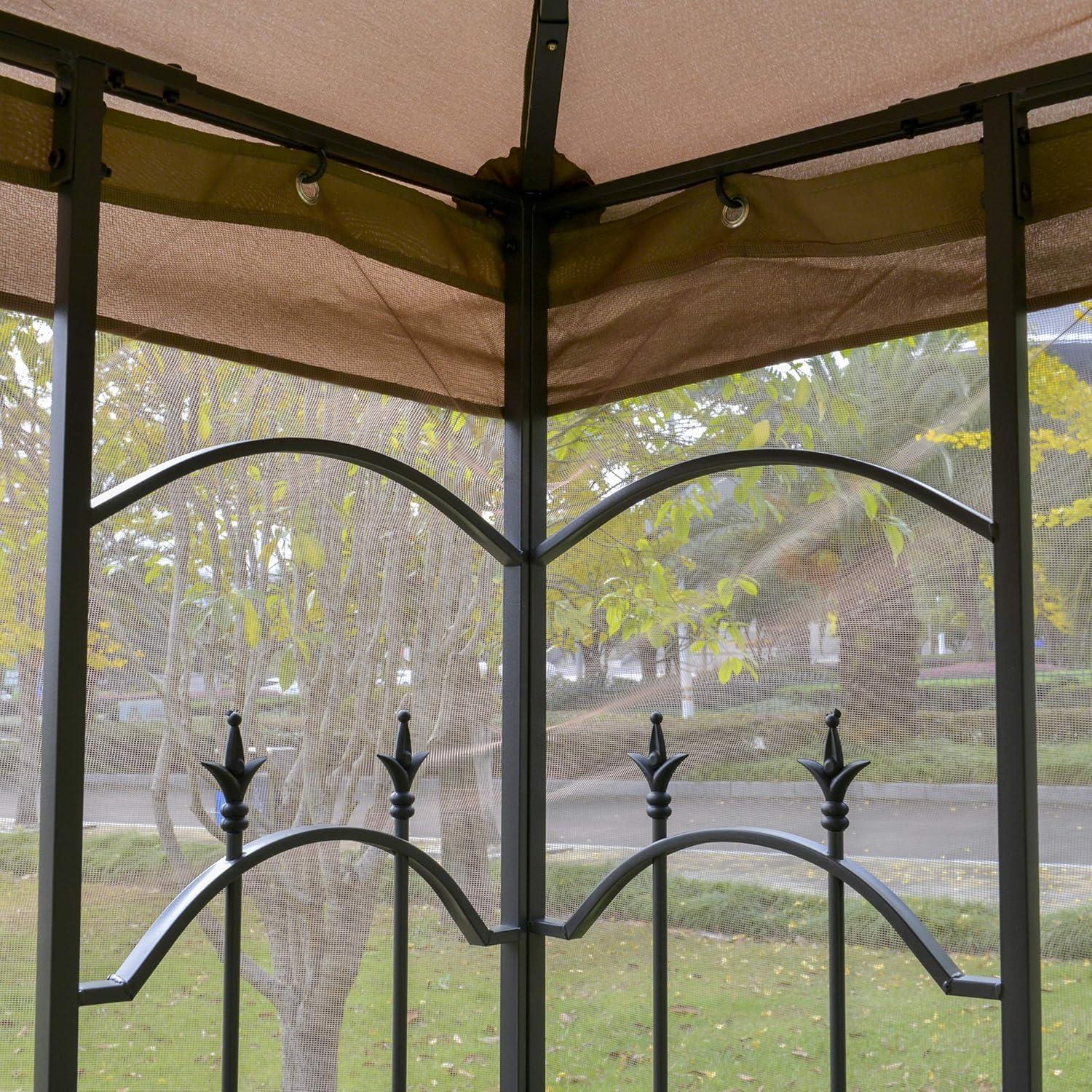 Outsunny 118" x 118" Steel Outdoor Patio Gazebo Canopy with Removable Mesh Curtains, Display Shelves, & Steel Frame, Brown