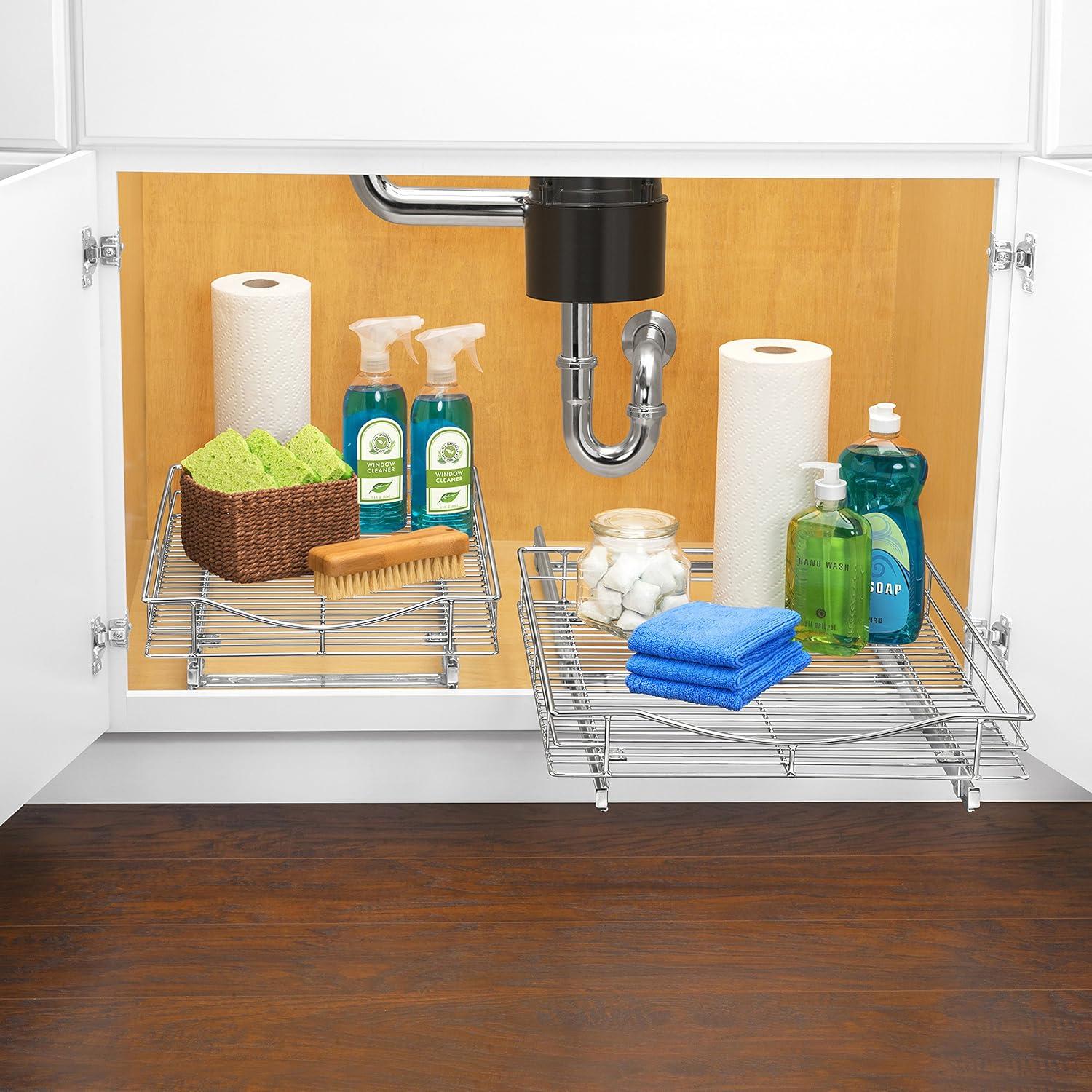 Lynk Professional Slide Out Cabinet Organizer - Pull Out Under Cabinet Sliding Shelf - 11" wide x 18" deep - Chrome: Under Sink Storage