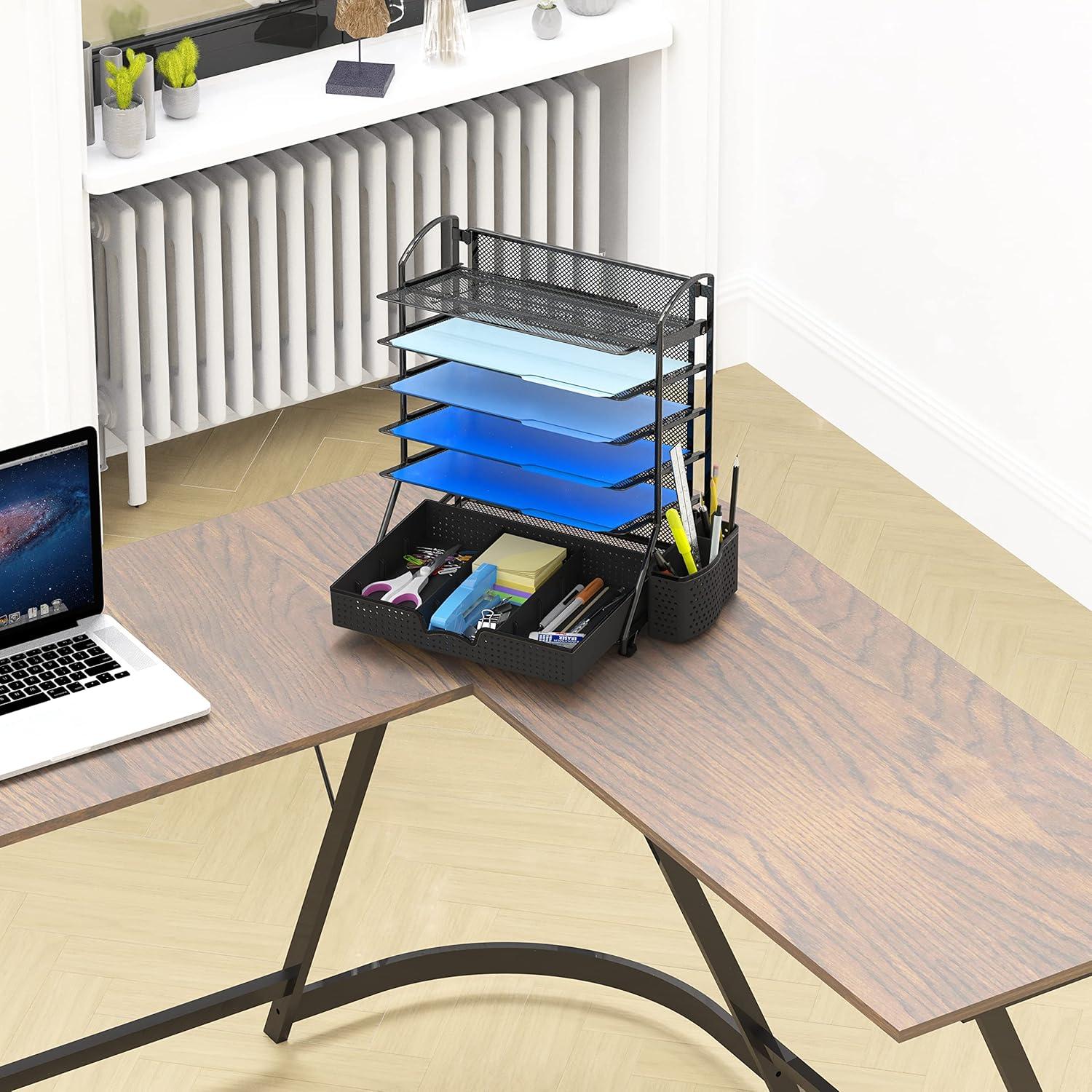 Black 6-Tier Mesh Desk Organizer with Sliding Drawer