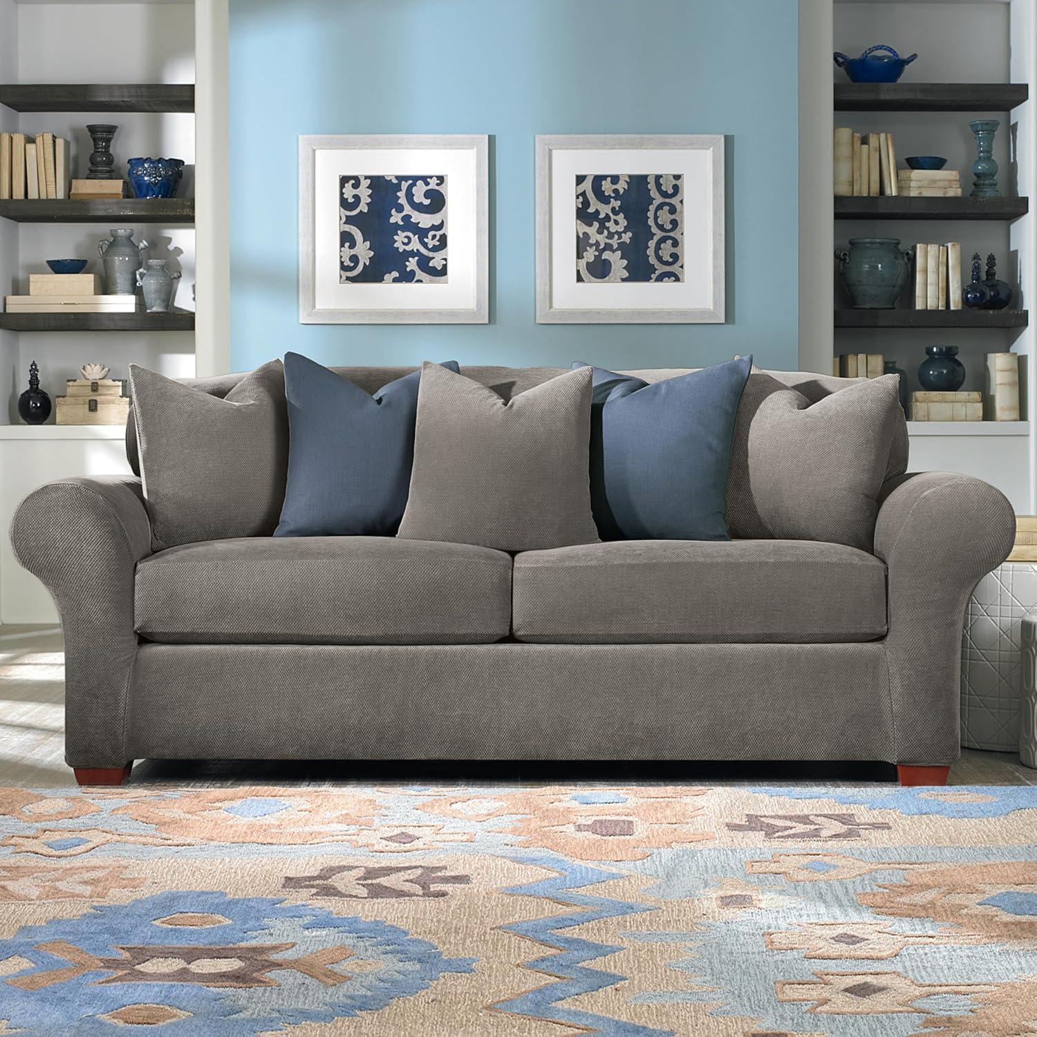 3pc Stretch Pique Sofa Slipcovers Flannel Gray - Sure Fit: Furniture Protector, Indoor Elastic Fit