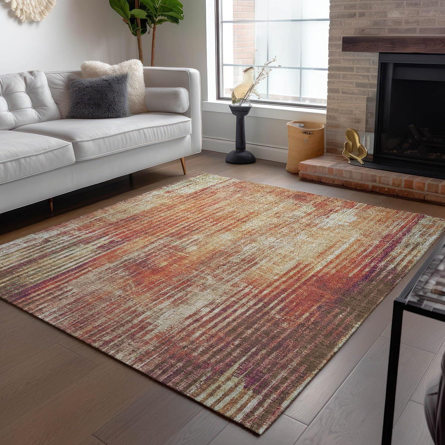 Paprika and Beige Striped Synthetic Washable Area Rug 3' x 5'