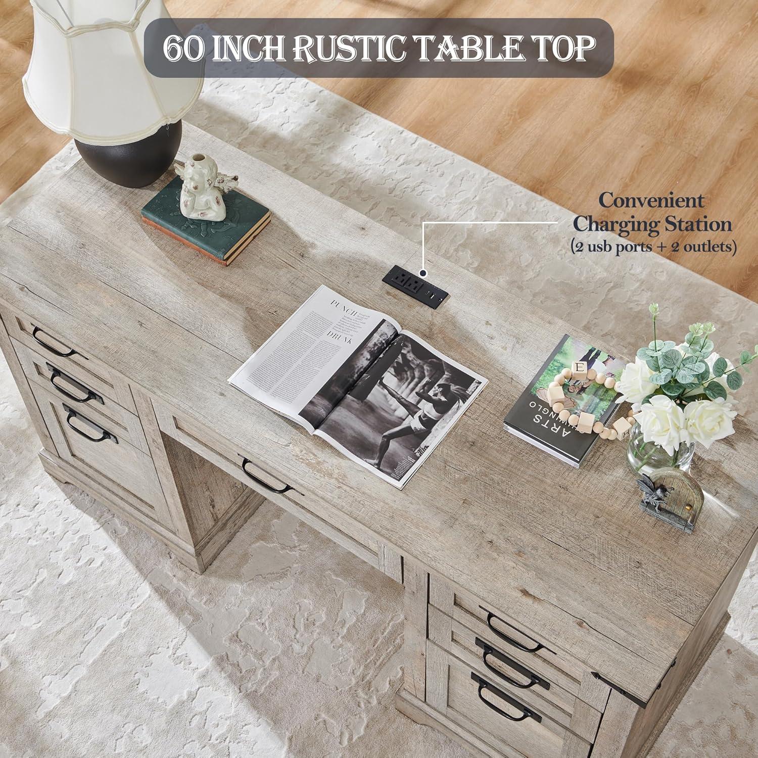 RedLemon 60" Farmhouse L Shaped Desk with Drawers, Wood Home Office Corner Executive Desk with Charging Station, File Drawer, Storage Cabinet, Rustic Computer Writing Desk (Light Rustic Oak)