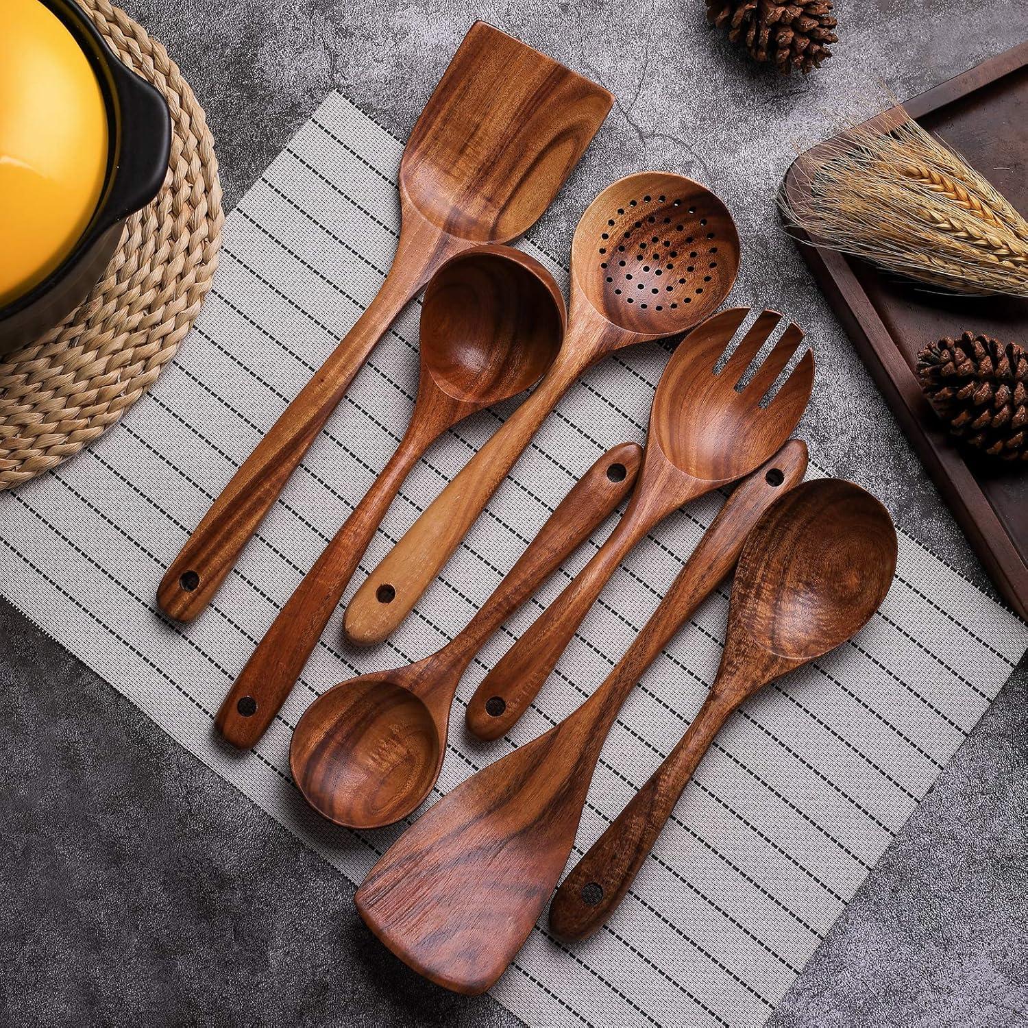 Sandistore Plate Mates Set 7PCS Wooden Cooking Utensils Kitchen Utensil Natural Teak Wood Kitchen Utensils Tool Nonstick Hard Wooden Spatula And Wooden Spoons