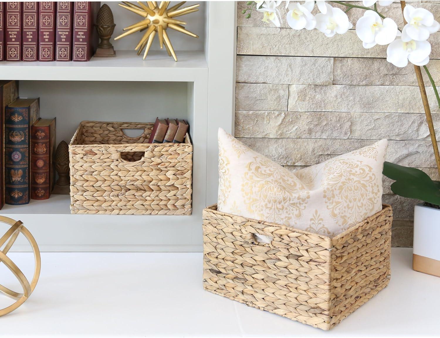 Natural Woven Hyacinth and Steel Square Storage Basket Set