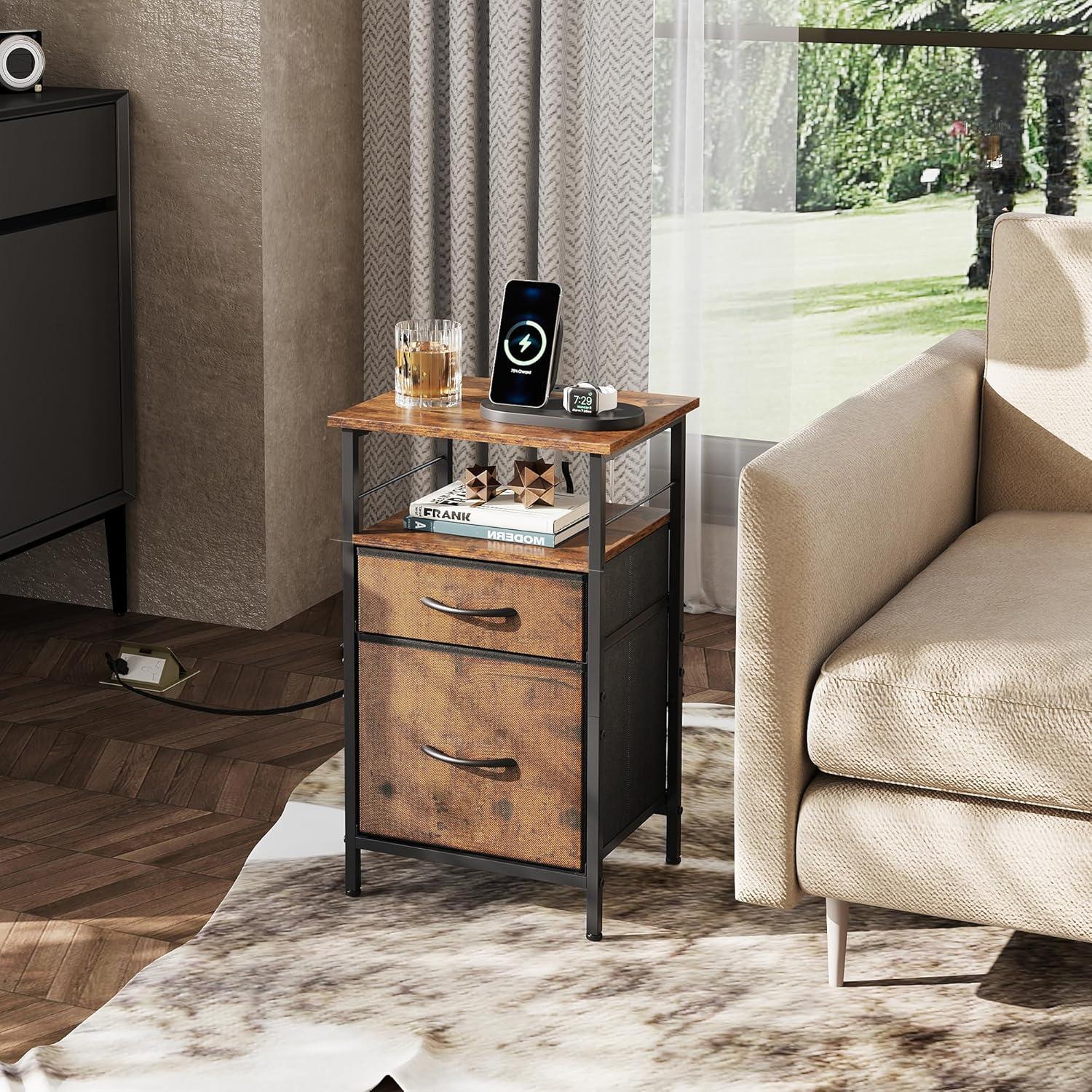 WLIVE Night Stand Set of 2 with Charging Station, LED Nightstand Sets with 2 Fabric Drawers and Storage Shelf, Small Bedside Tables for Small Spaces, Dresser for Bedroom, Rustic Brown