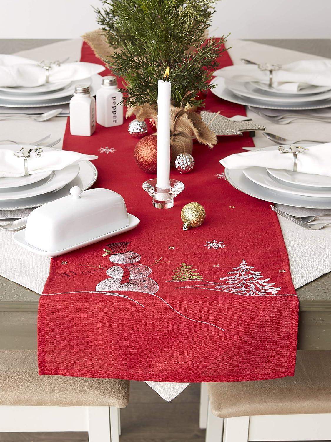 DII Embroidered Holiday Table Décor Collection Christmas Kitchen, Snowman Table Runner, 14x70, Red