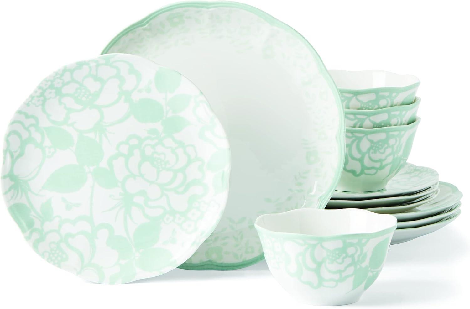 Sage Floral Porcelain 12-Piece Dinnerware Set, Service for 4