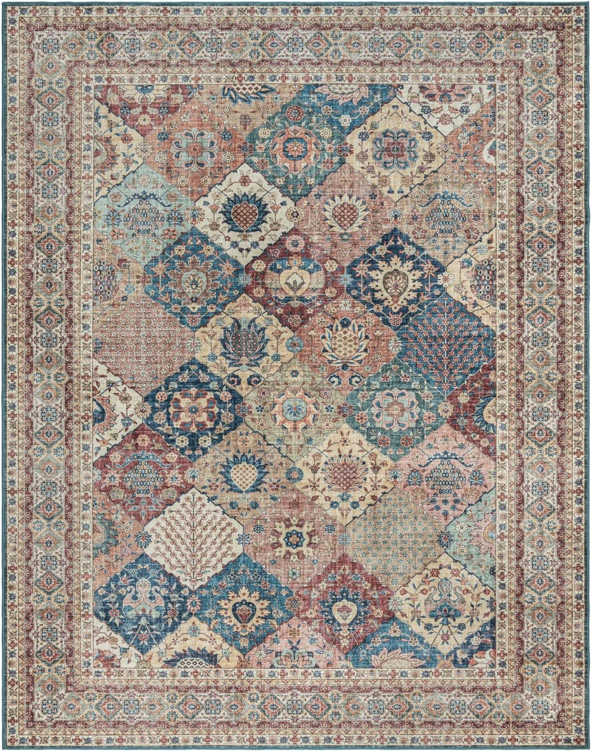 Crystal Print Cinzia Taupe Beige Multi Traditional Border Patchwork Livingroom Dining Bedroom Flat Pile Easy Care Indoor Area Rug