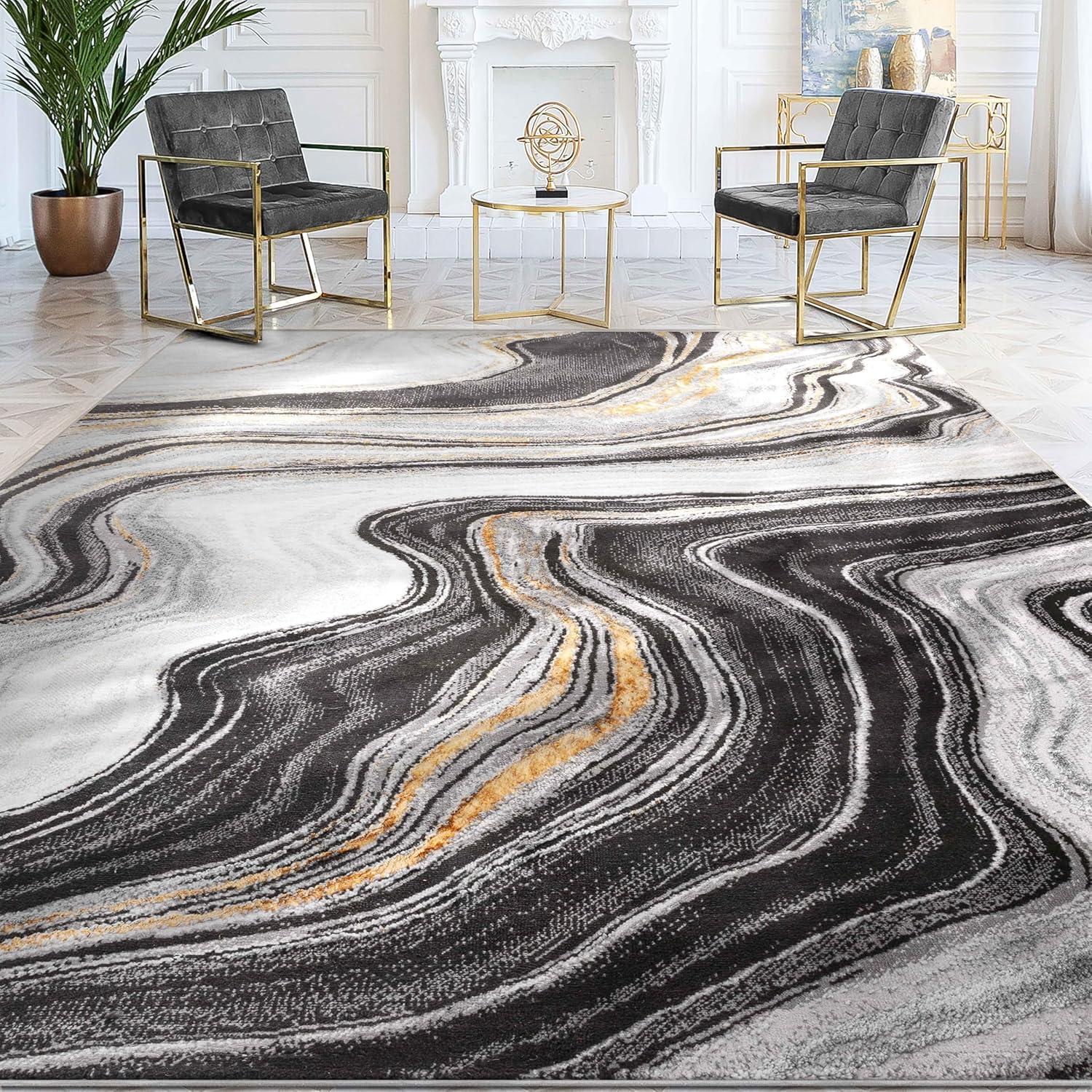 Well Woven Werrick Grey & Gold Striated Marble Pattern Rug 8x10 (7'10" x 9'10")