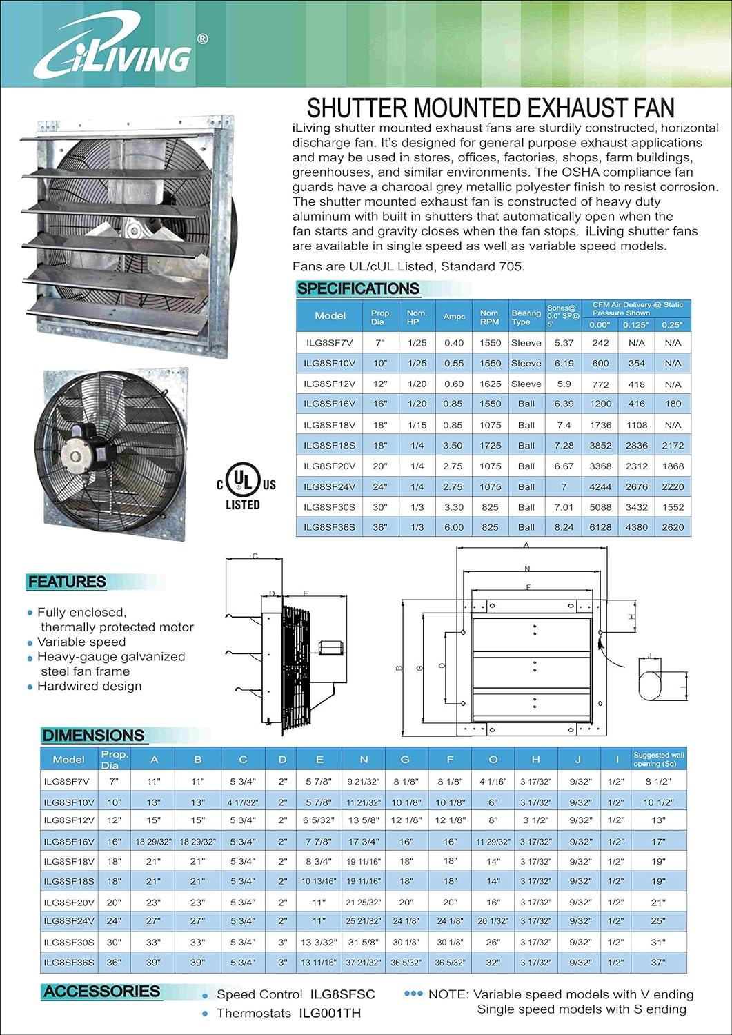 iLiving 12" Silver Wall-Mounted Shutter Exhaust Fan, 960 CFM