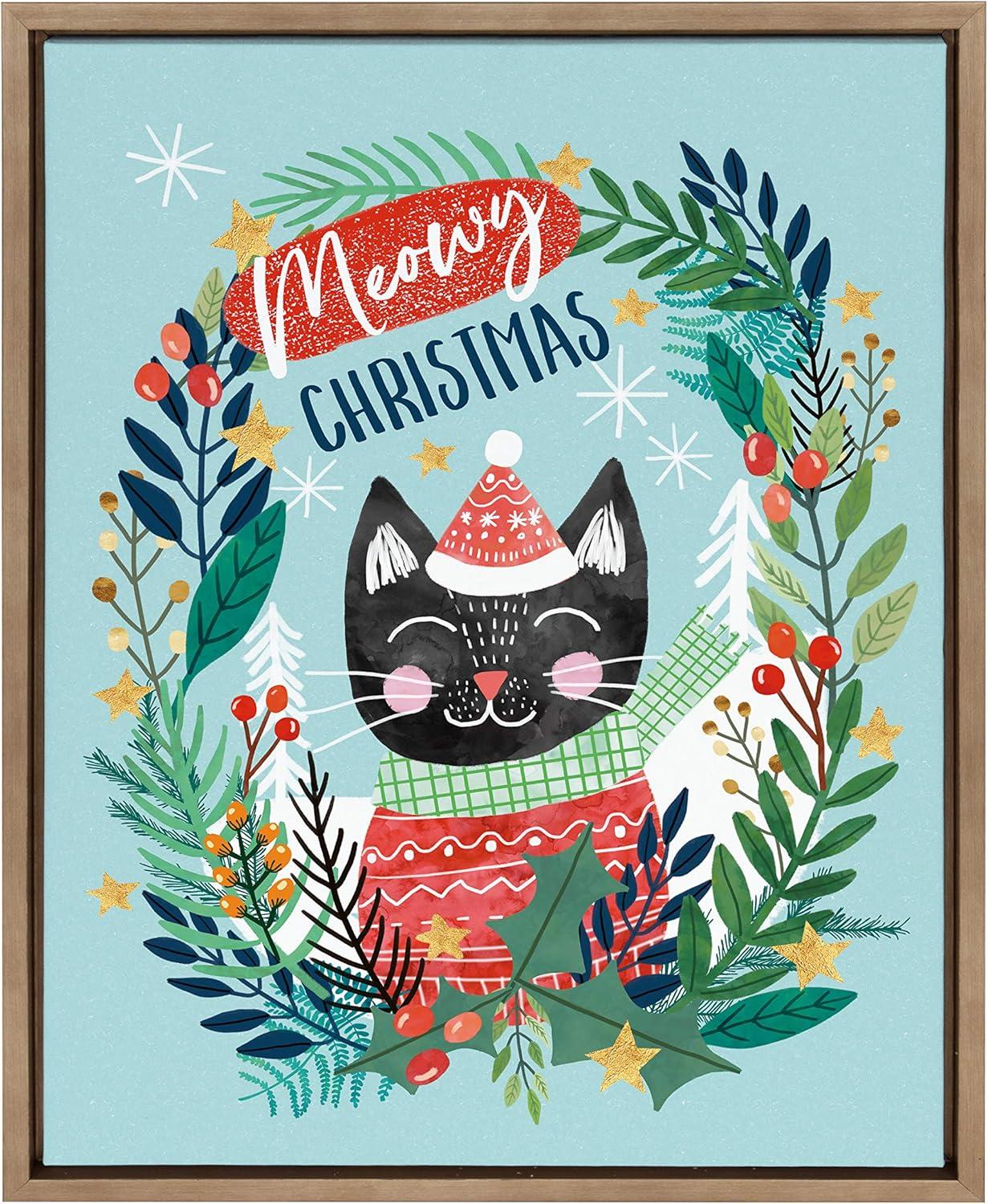 Meowy Christmas Cat Print on Canvas with Gold Frame