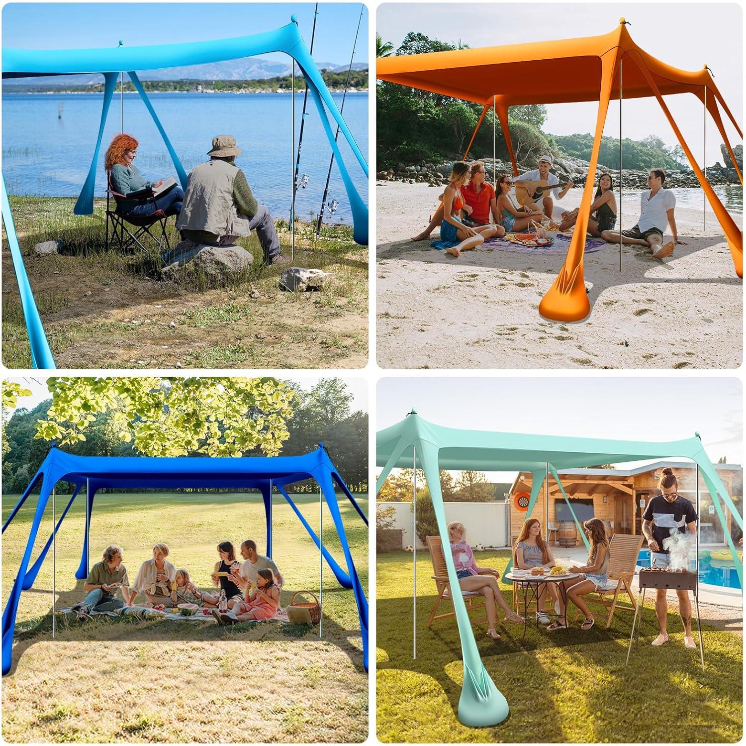 Beach Canopy Beach Tent Pop Up Shade 10x10ft Sun Shelter UPF50+ with 8 Sandbags-2 Sand Shovel-4 Aluminum Poles-Ground Pegs-Portable Carrying Bag for Outdoor Family Camping Fishing Yard Picnic