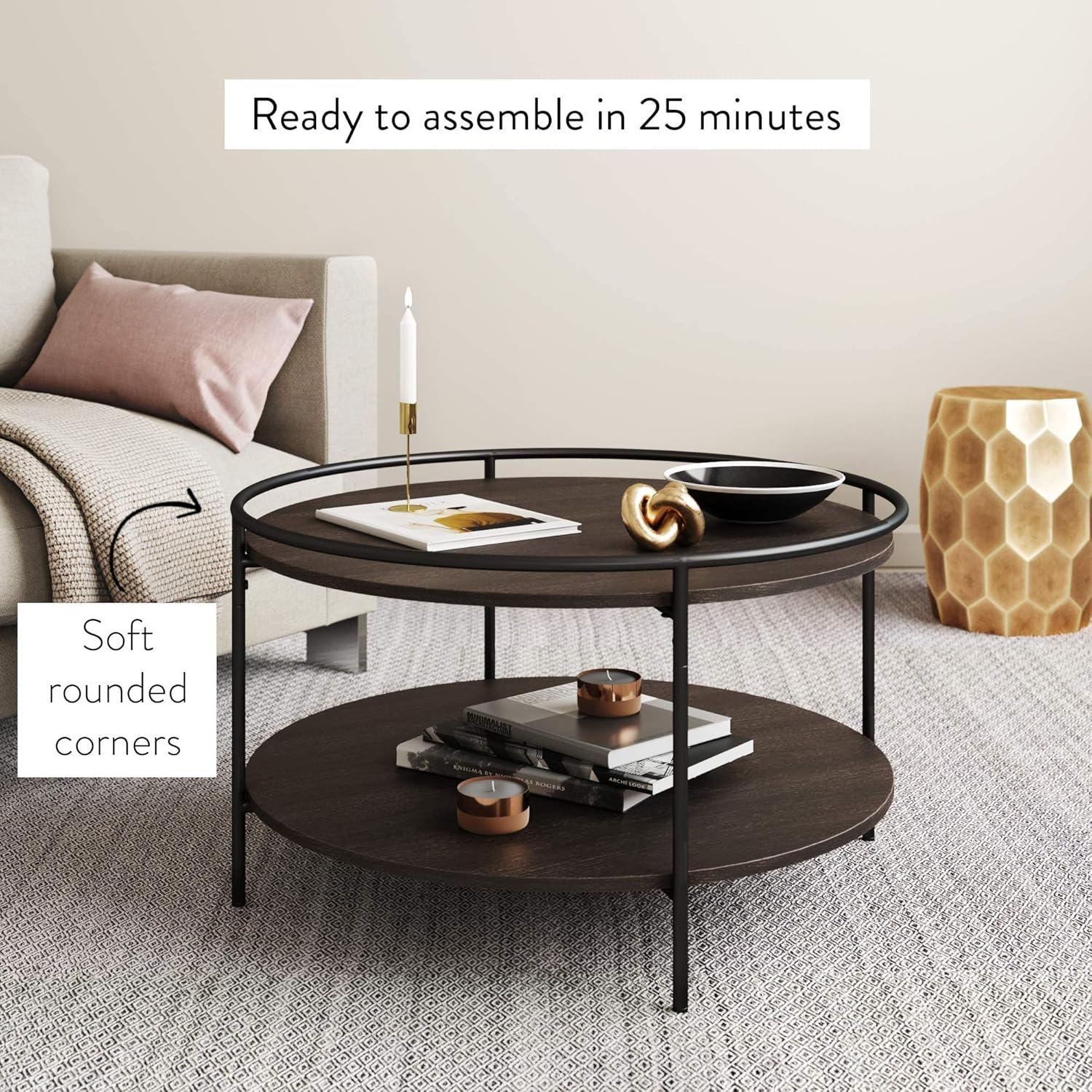 Nathan James Paloma Round Coffee Tea or Cocktail with Raised Tray Top Edge Tables, 2-Tier Minimalist Style Living Room, Dark Oak/Matte Black
