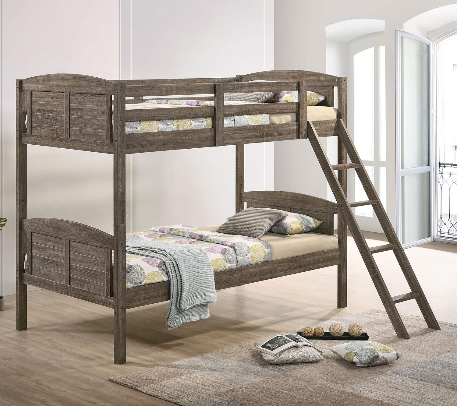 Rustic Twin Over Twin Brown Wood Bunk Bed with Ladder