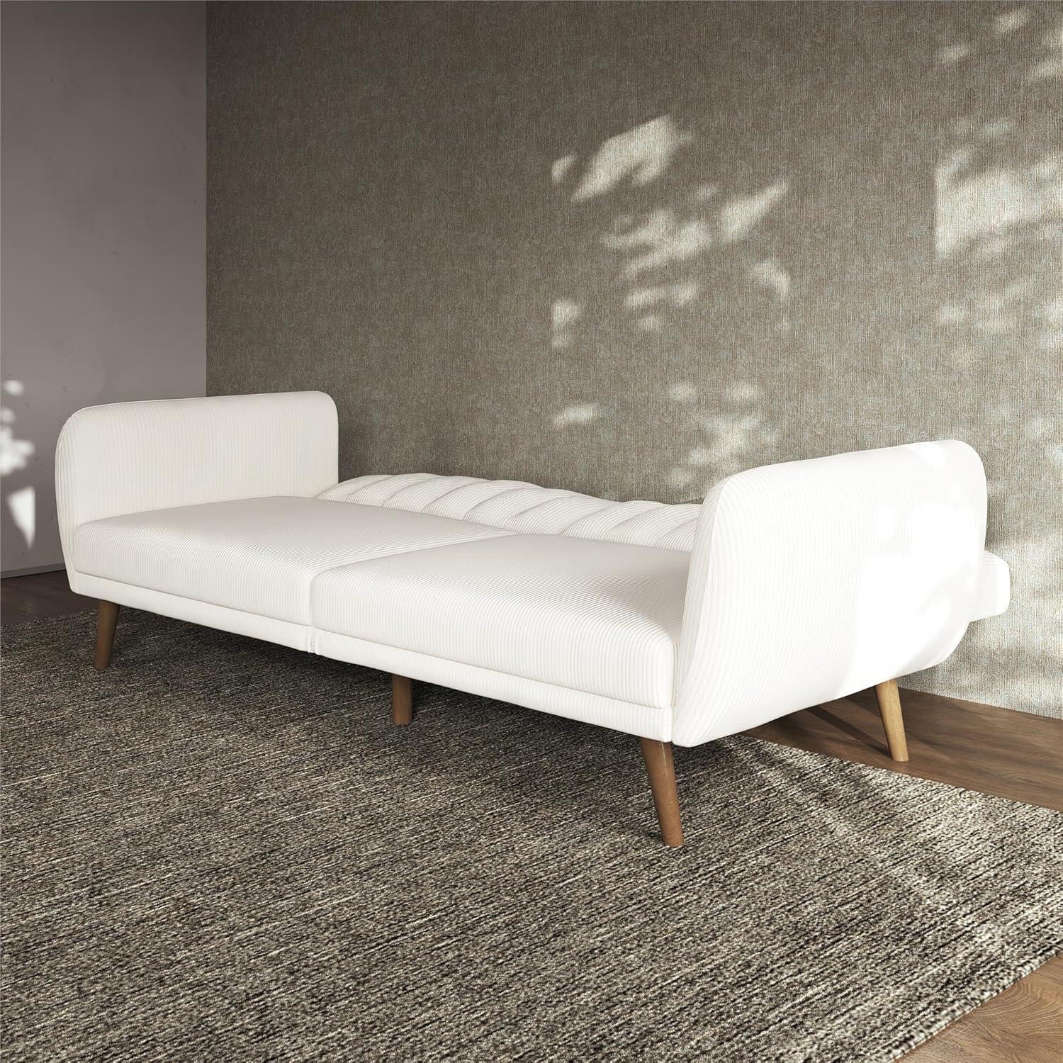 Ivory Corduroy Faux Leather Sleeper Sofa with Wood Legs