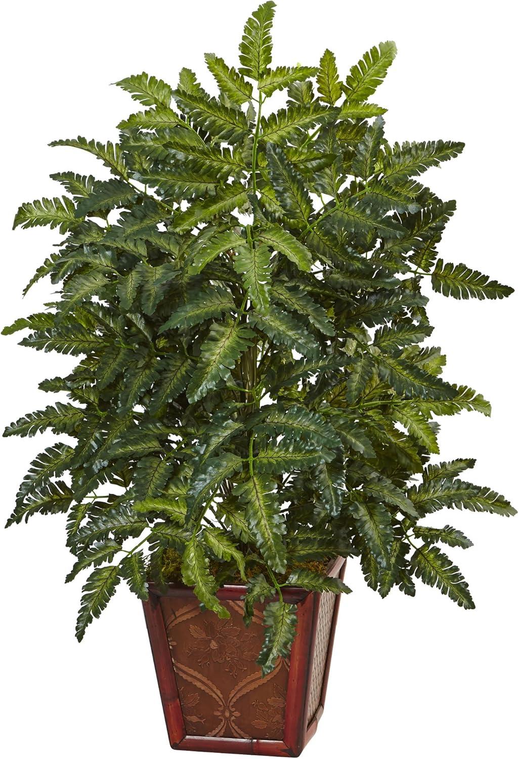 Subdued Green Bracken Fern with Wooden Planter - 40" Indoor Decor