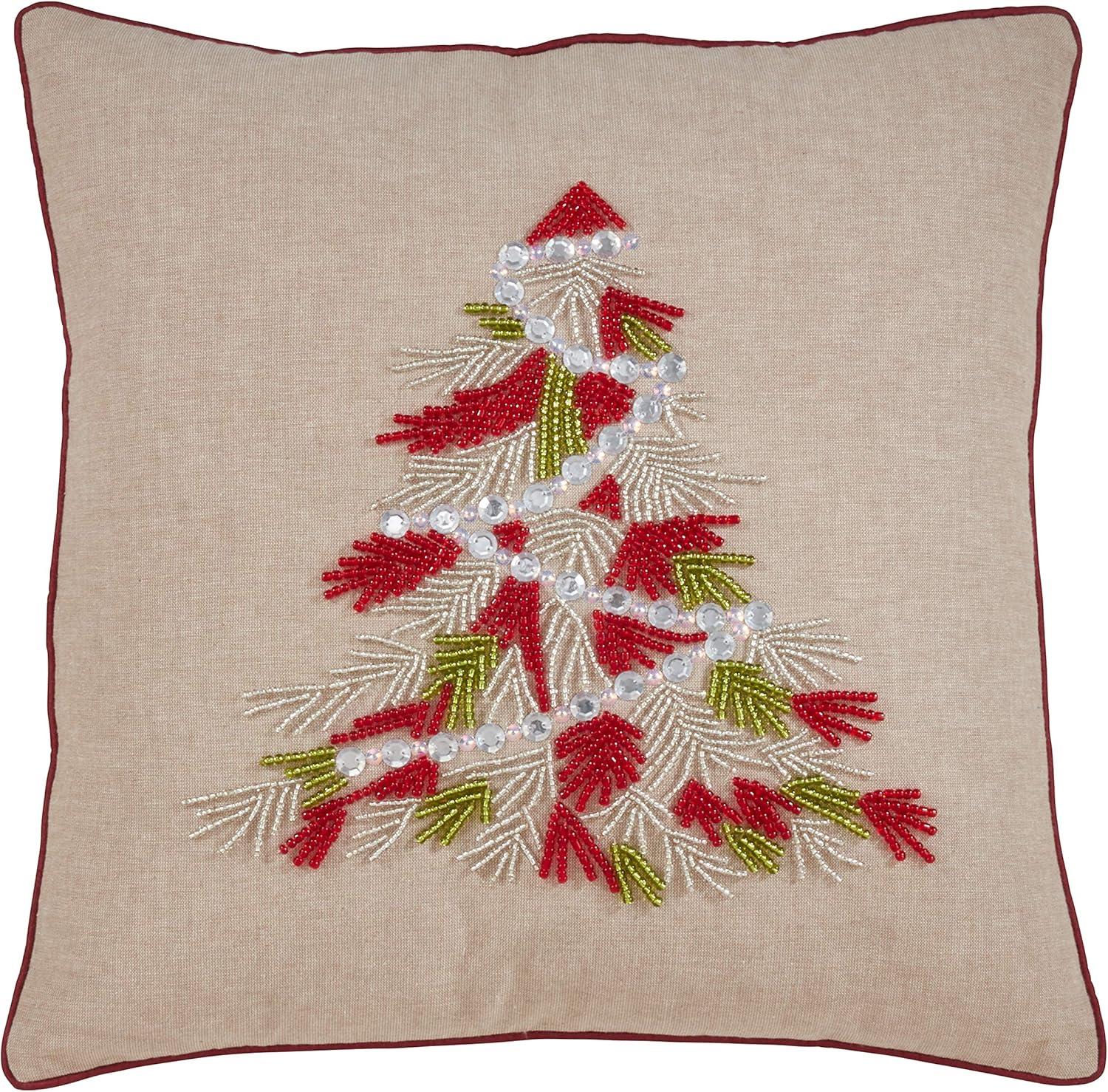 Festive Red Beaded Christmas Tree 18" Cotton Throw Pillow Cover