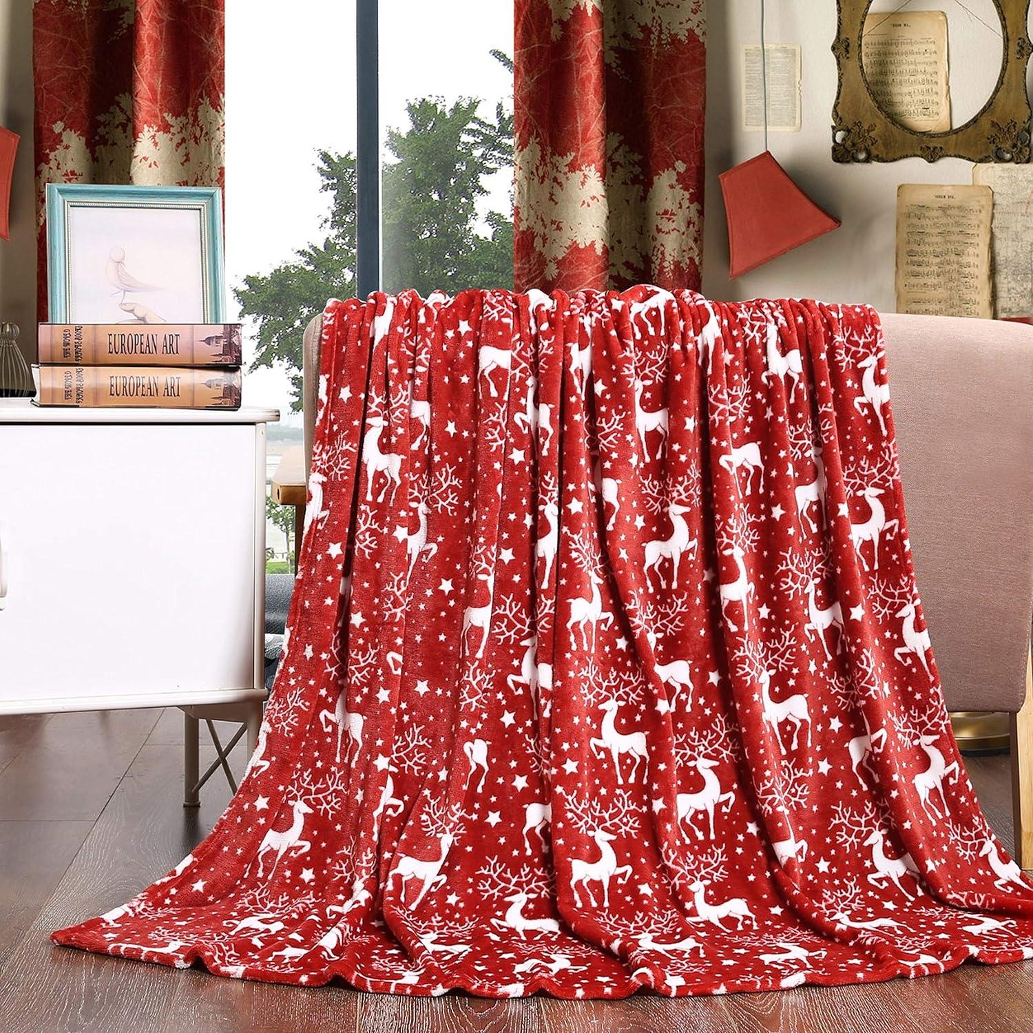 Elegant Comfort Velvet Touch Ultra Plush Christmas Holiday Printed Fleece Throw/Blanket-50 x 60inch, (Reindeer Stars), 50 x 60 inch