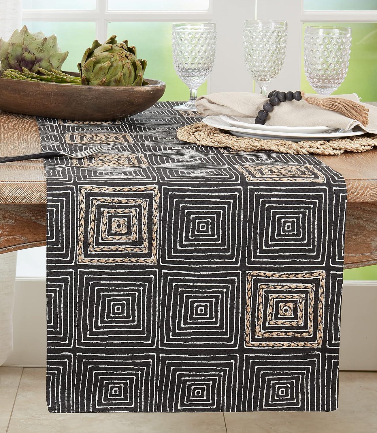 Saro Lifestyle Table Runner with Embroidered Maze Design, 16"x72", Black