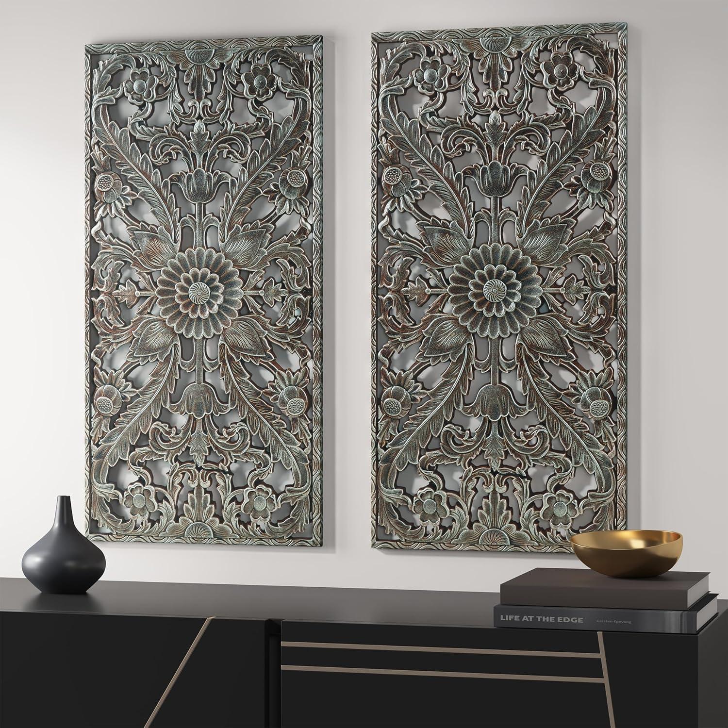 Madison Park MDF Botanical Panel Carved Wall Panel in Blue (Set of 2)