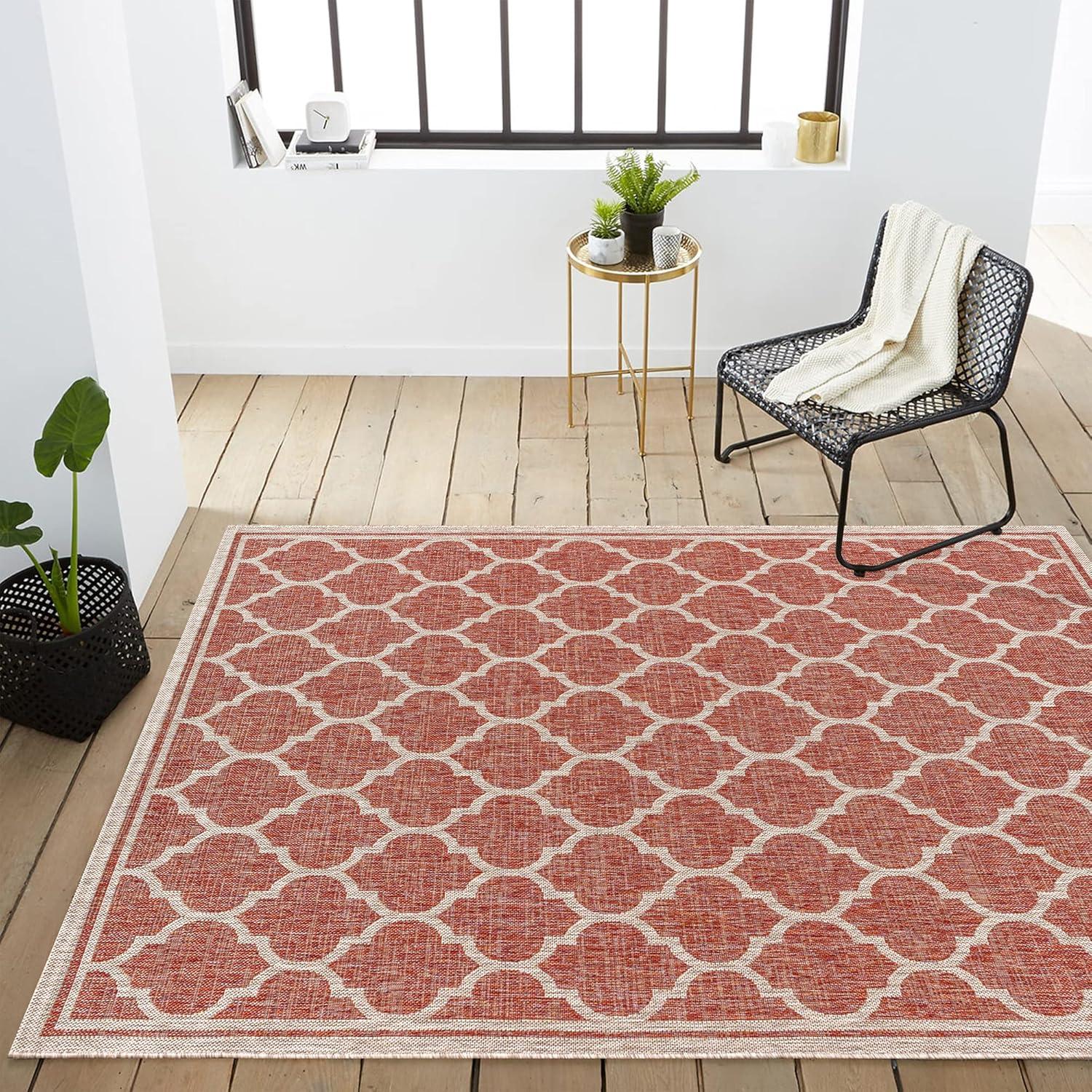 4'x6' Trebol Moroccan Trellis Textured Weave Indoor/Outdoor Area Rug, Red/Beige - JONATHAN Y