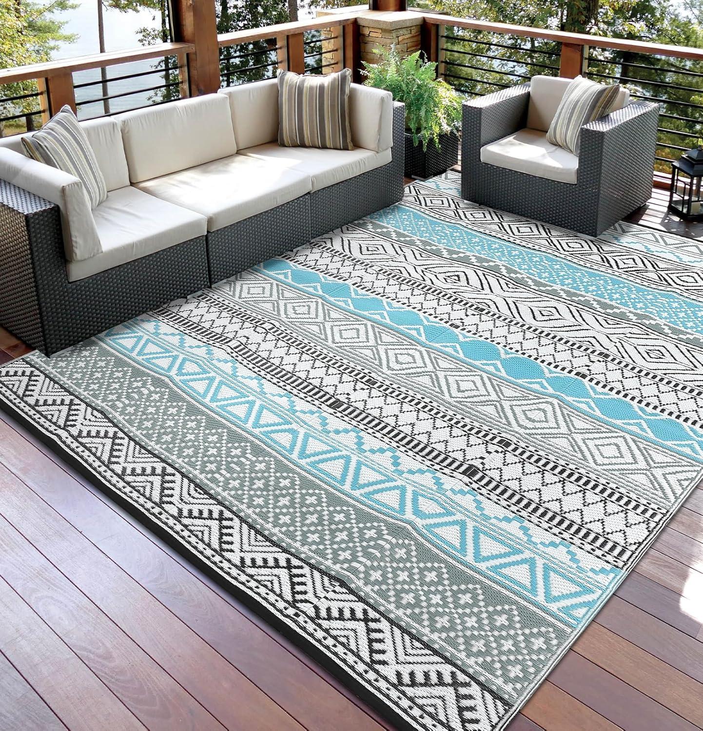 Garvee 9'x12' Plastic Outdoor Rugs, Bohemia Waterproof Straw Rug Reversible Indoor Outdoor Carpet for Patio RV Deck Porch Backyard Balcony Camping Picnic Beach, Multi-color