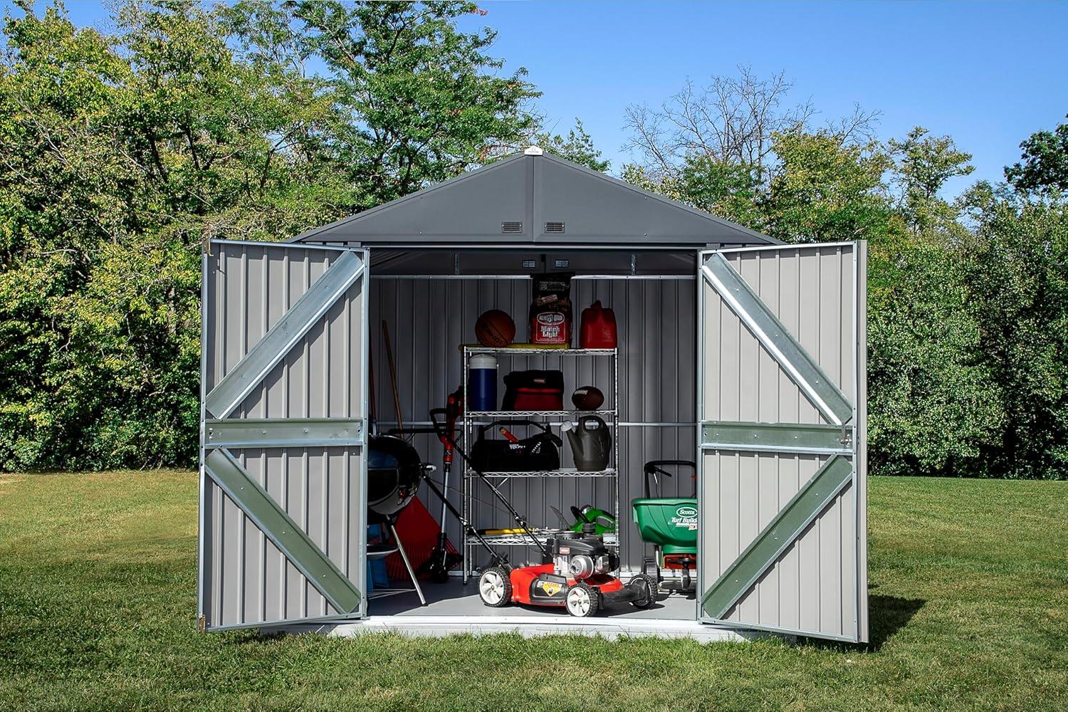 Elite 8' x 6' Gray Steel Storage Shed with Swing Doors