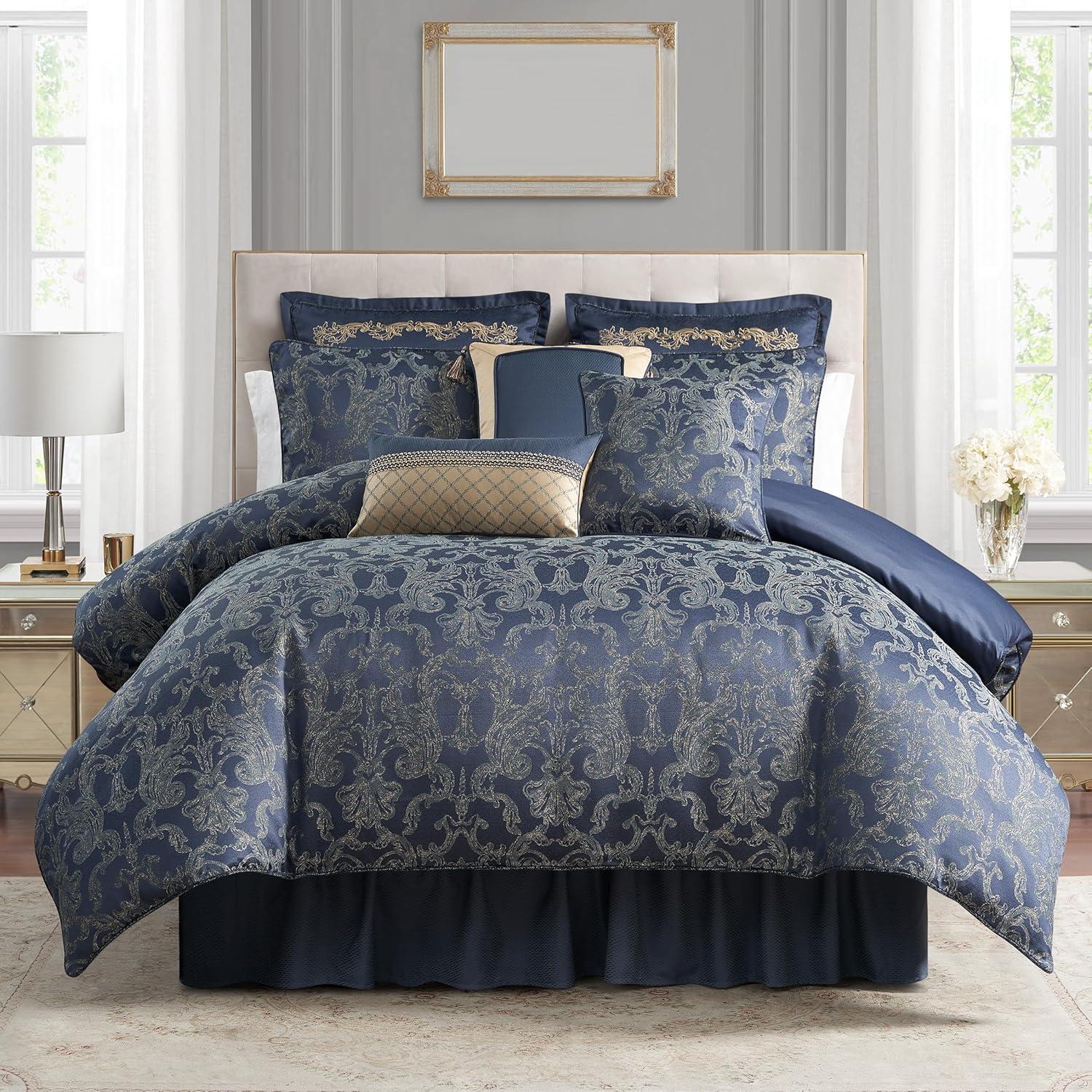 Navy and Gold Reversible Queen Bedspread Set with Tassels