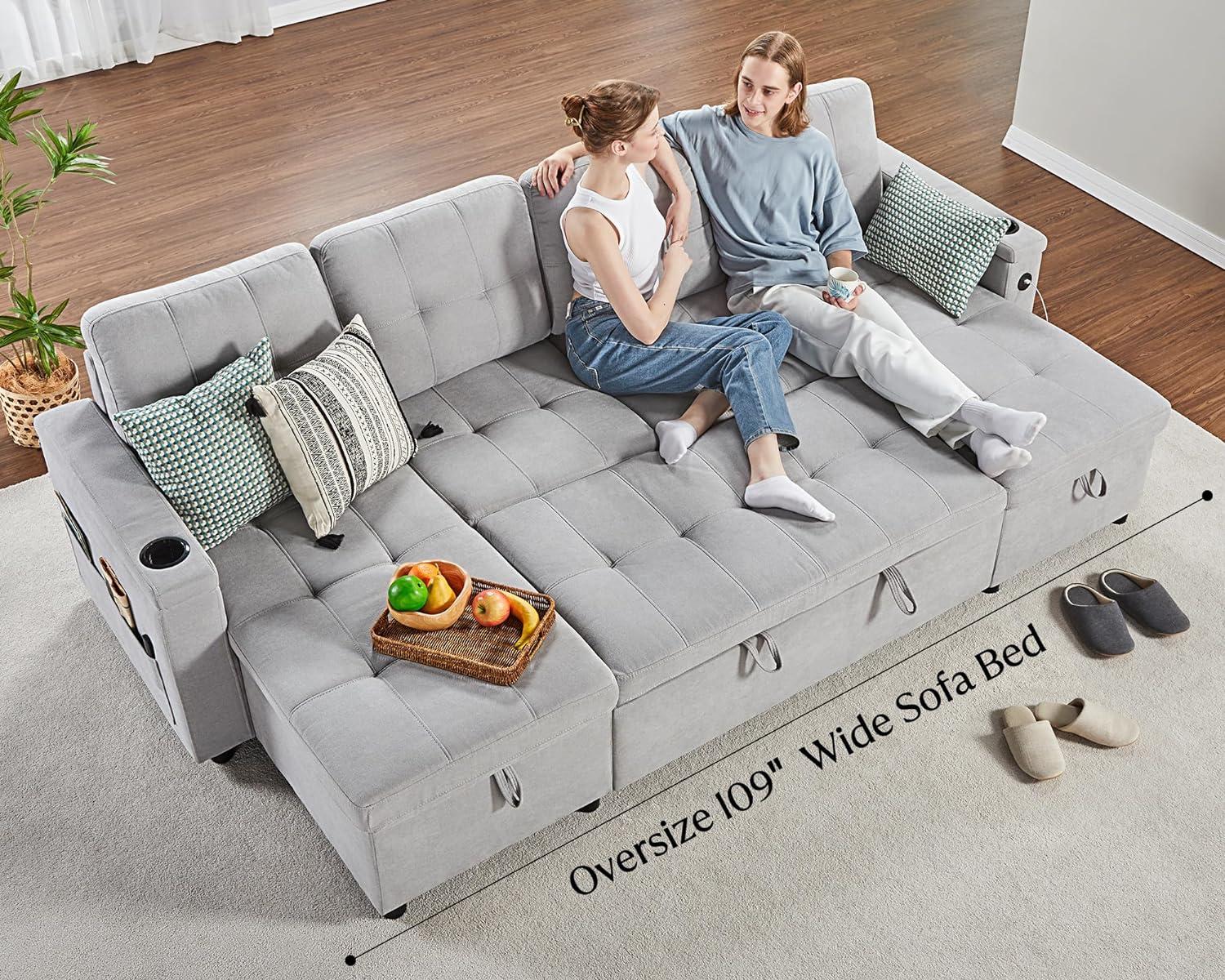 Light Grey Tufted Sleeper Sofa with Storage and Cup Holder