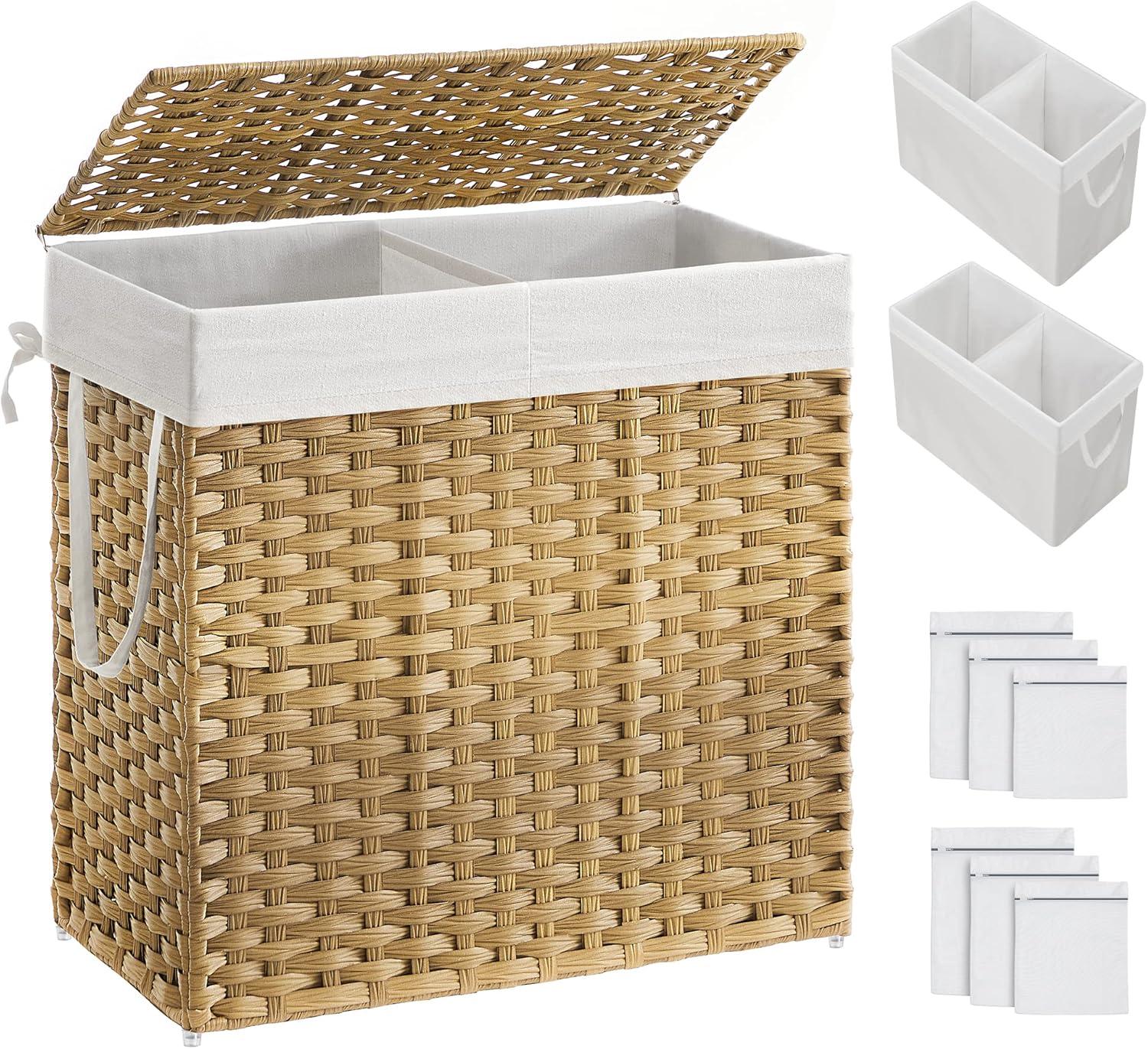 Natural Wicker Double Section Laundry Hamper with Lid