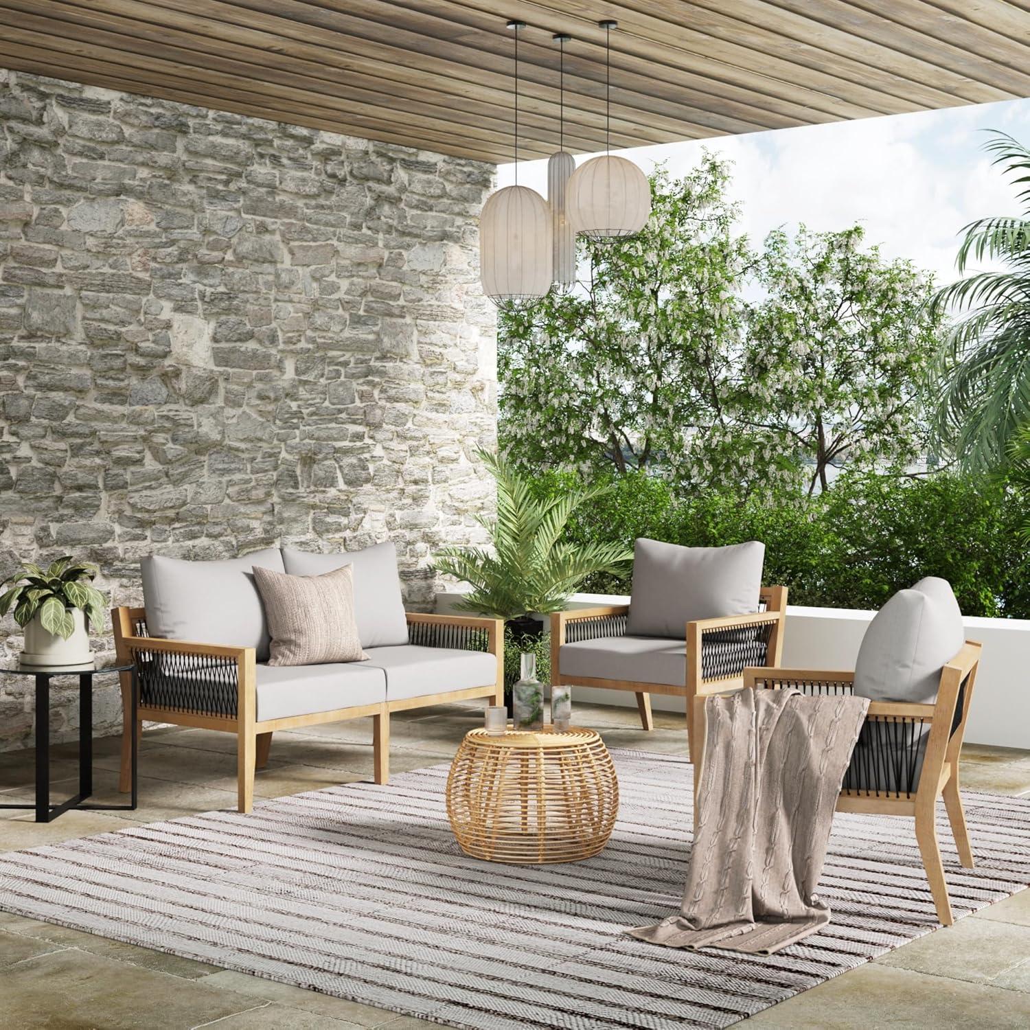 Nathan James 3pc Freya Bohemian Wood Outdoor Patio Conversation Set: Acacia Frame, UV-Resistant