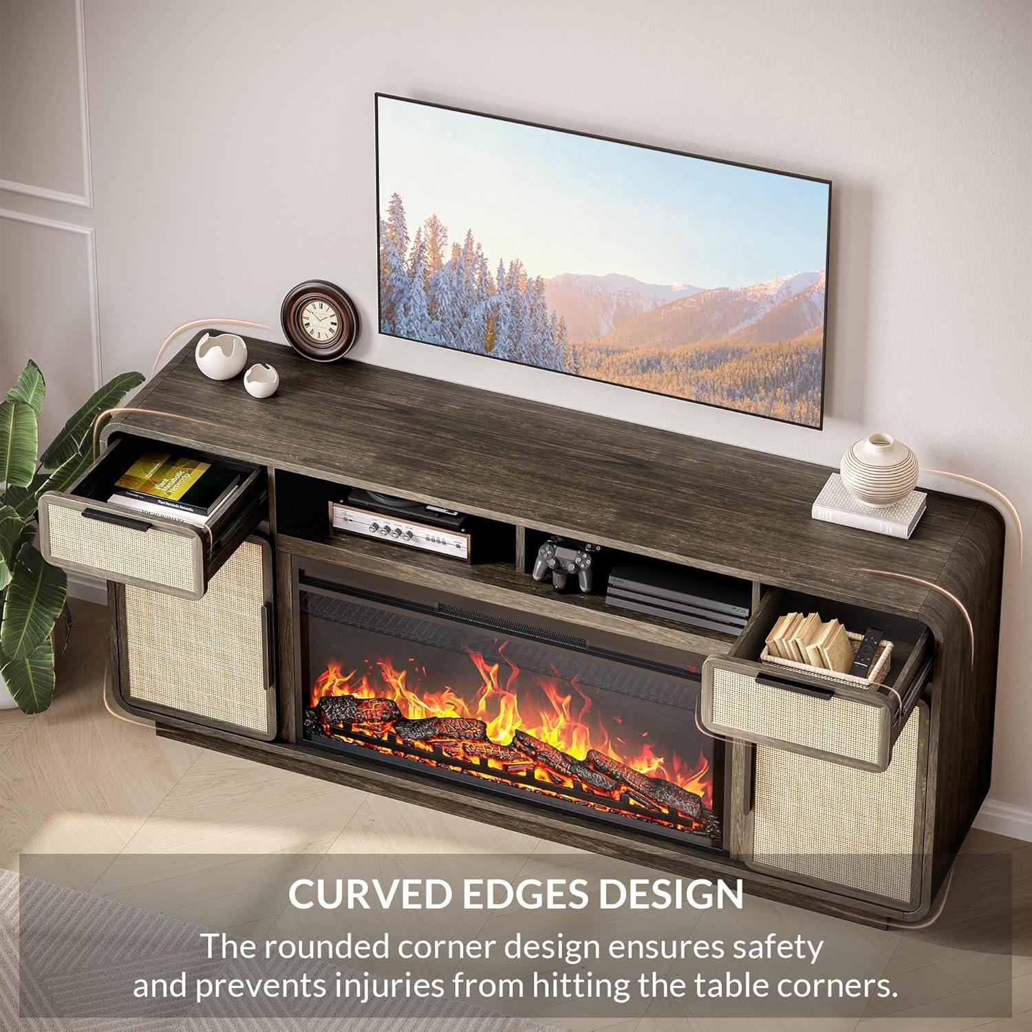 BELLEZE 68" TV Stand for TV Up to 75", Entertainment Center with 36" Electric Fireplace Heater, Rattan Decorated Console Table Storage Cabinet for Living Room, Bedroom - Bower(Brown)