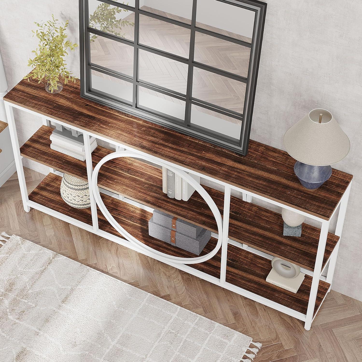 GVN Console Table, Entryway Table, 70.9" Console Table, Narrow Sofa Table with 3 Tier Storage Shelves,White & Walnut