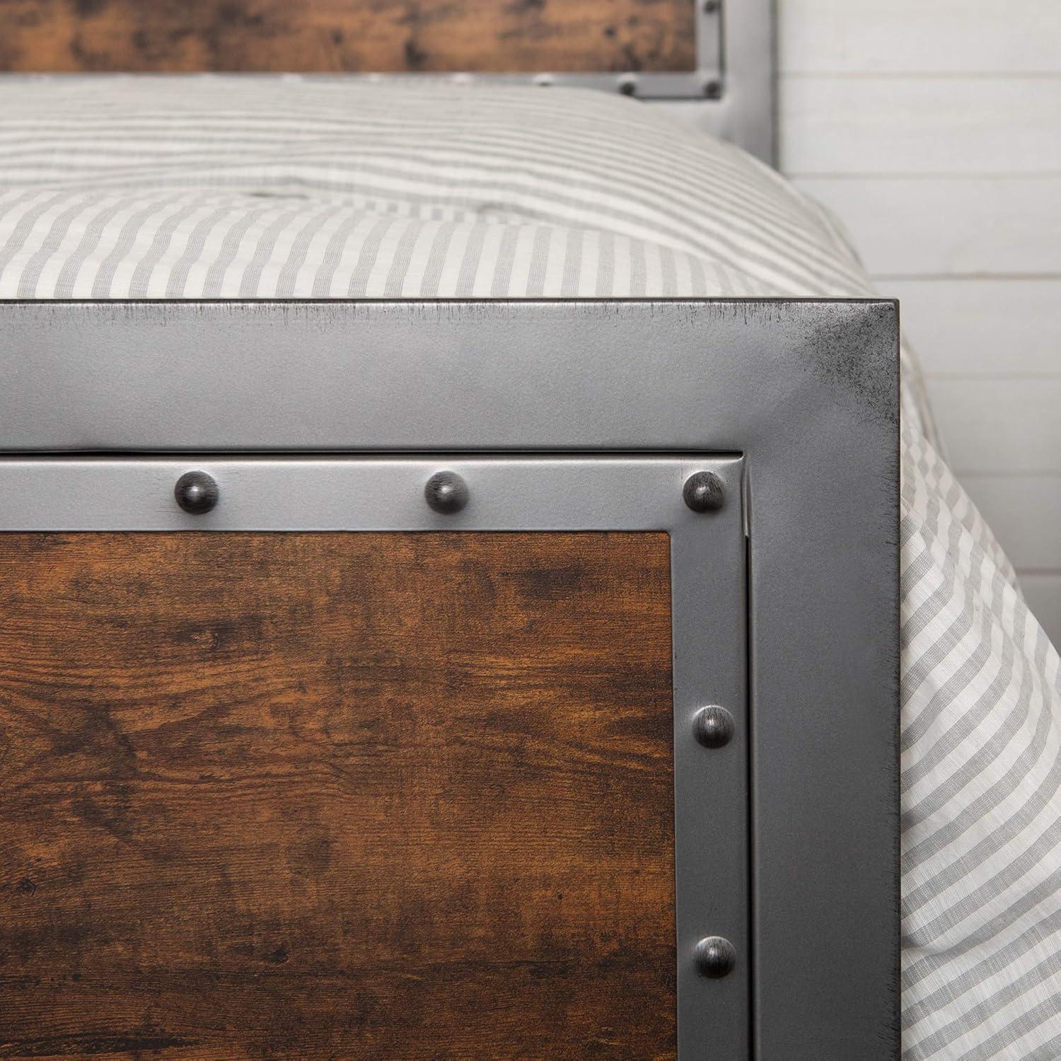 Walker Edison Queen Size Industrial Wood and Metal Bed - Brown