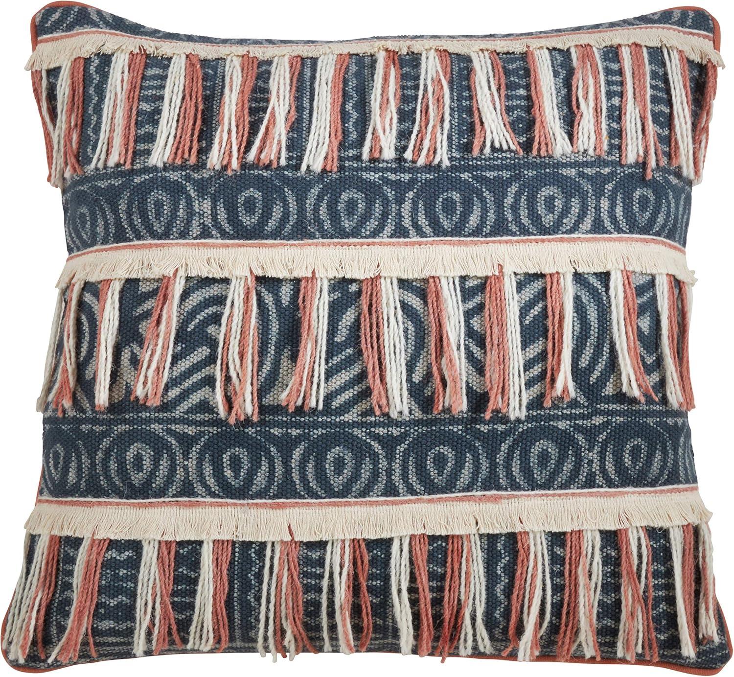 Blue Cotton Embroidered Fringed Pillow Cover 22"