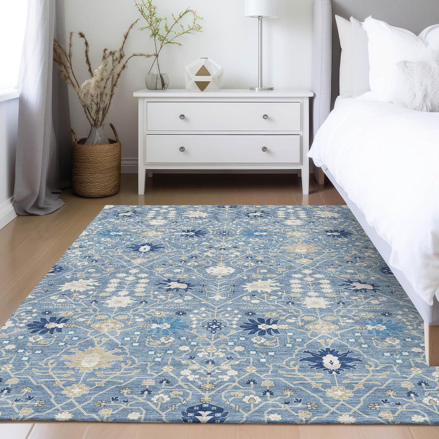 Blue and Beige Flat Woven Rectangular Synthetic Rug