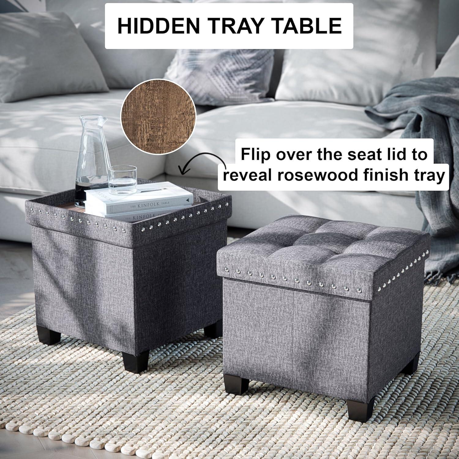 Payton Gray Fabric Tufted Cube Storage Ottoman with Nailhead Accents