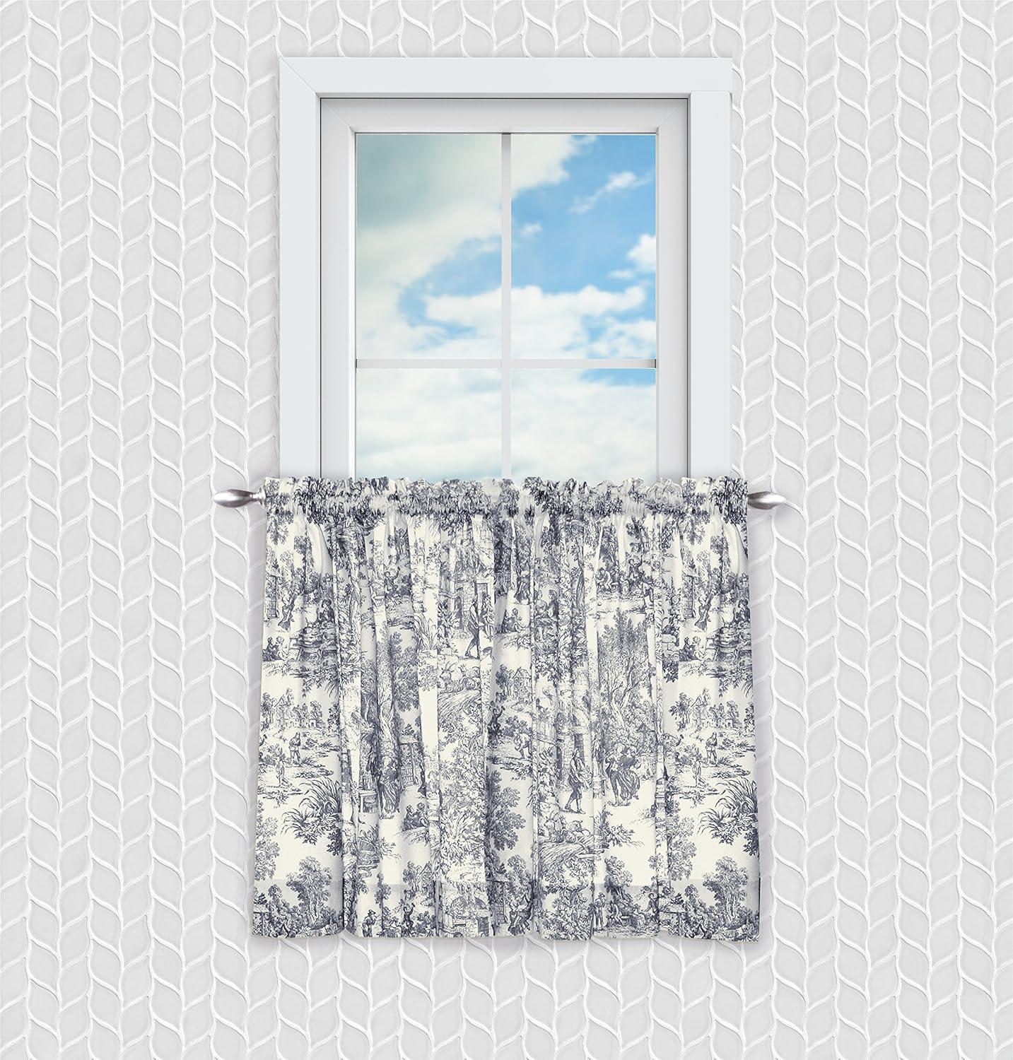 Ellis Curtain Victoria Park Toile Room Darkening Window Rod Pocket Pair Set With 2 Tiers - 2-Piece - 68x36", Blue