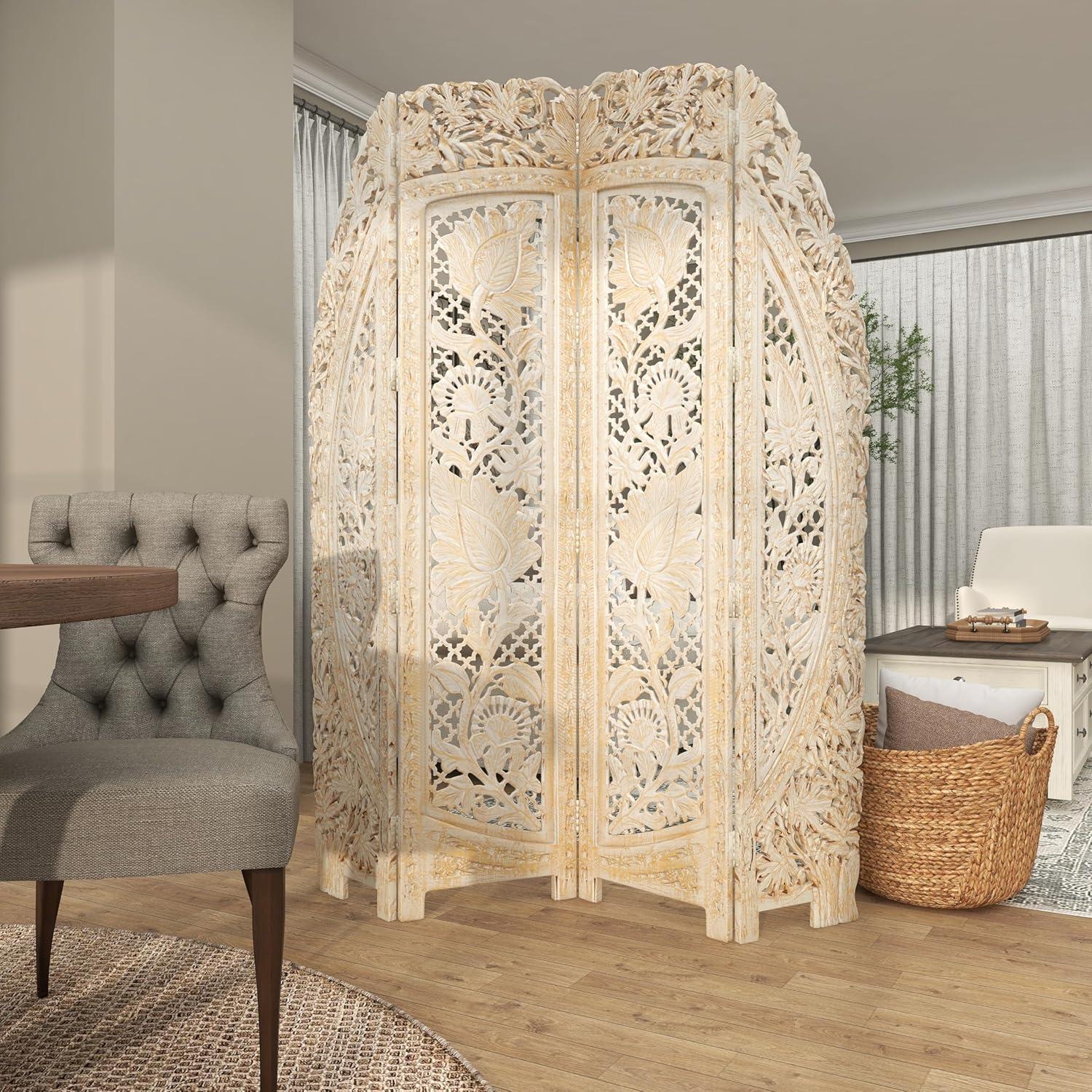 DecMode 60" x 72" White Wood Floral Handmade Foldable Arched Partition 4 Panel Room Divider Screen with Intricately Carved Designs, 1-Piece