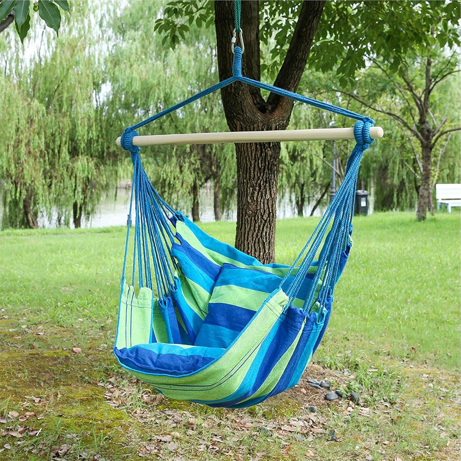 Blissun Hanging Hammock Chair, Hanging Swing Chair with Two Cushions, 34 Inch Wide Seat Blue & Green Stripes (Seaside Stripe)