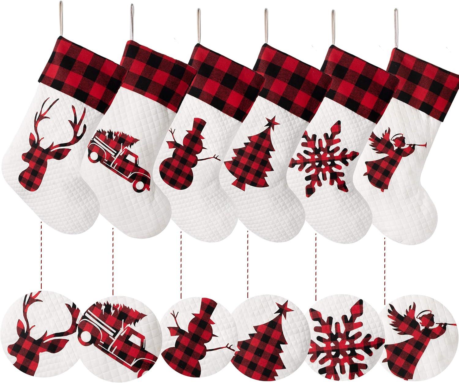 Set of 6 Red Plaid and White Quilted Christmas Stockings