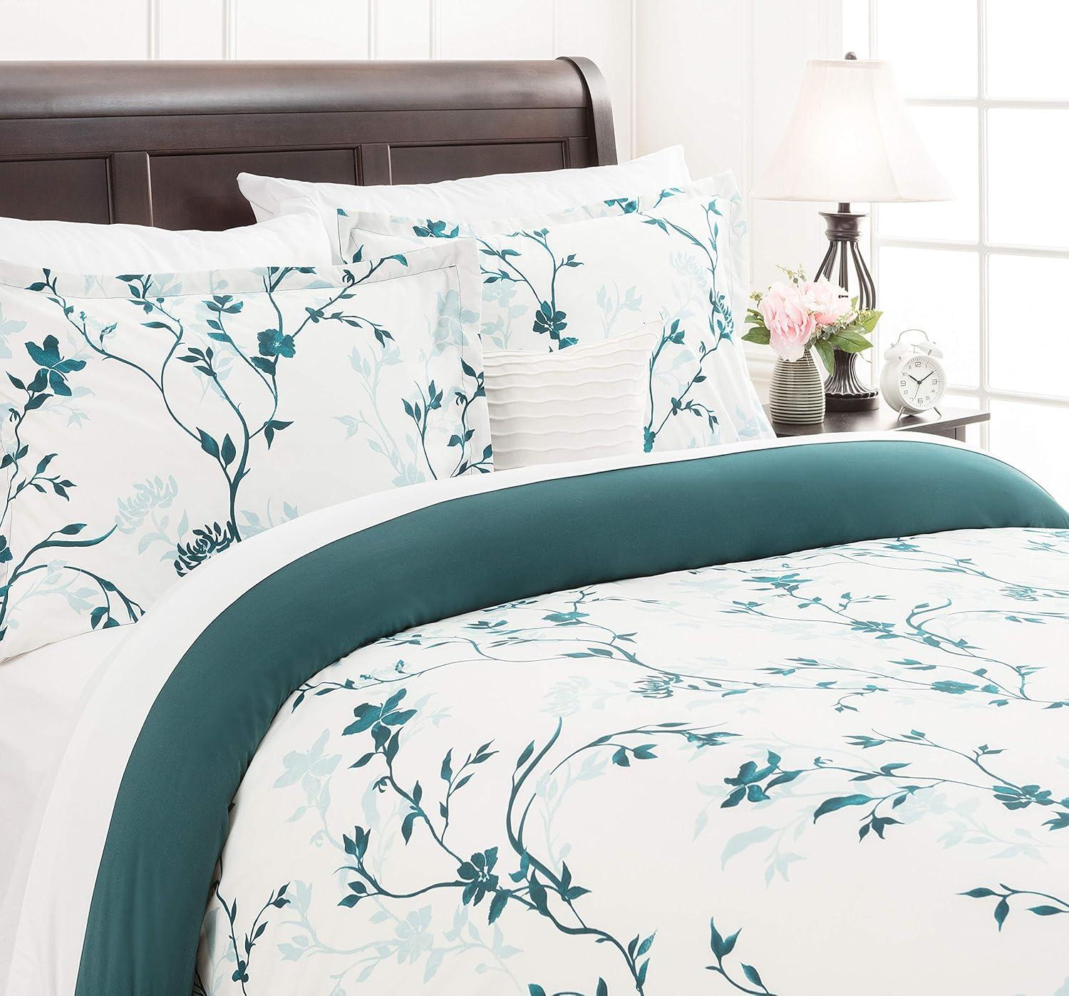 Chanasya Ultra Soft Floral Print 3-Piece Bedding Duvet Cover Set King - Luxurious Cozy Double Brushed Microfiber Comforter Cover - Zipper Closure Reversible Print (1 Duvet Cover & 2 Pillowcases ) Teal