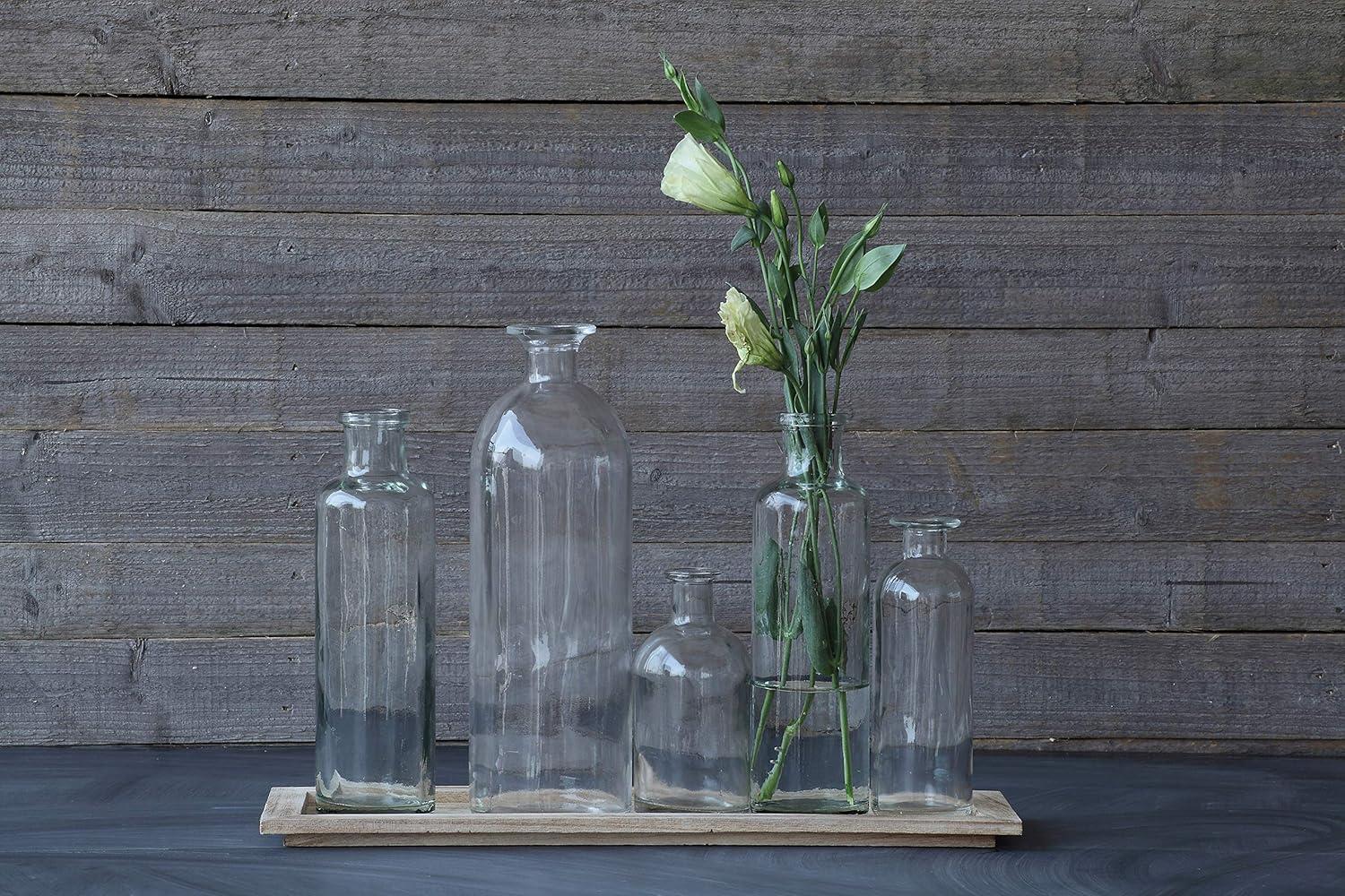 Creative Co-Op Set of 5 Vintage Bottle Vases on Wood Tray, Clear and Natural, Set of 6