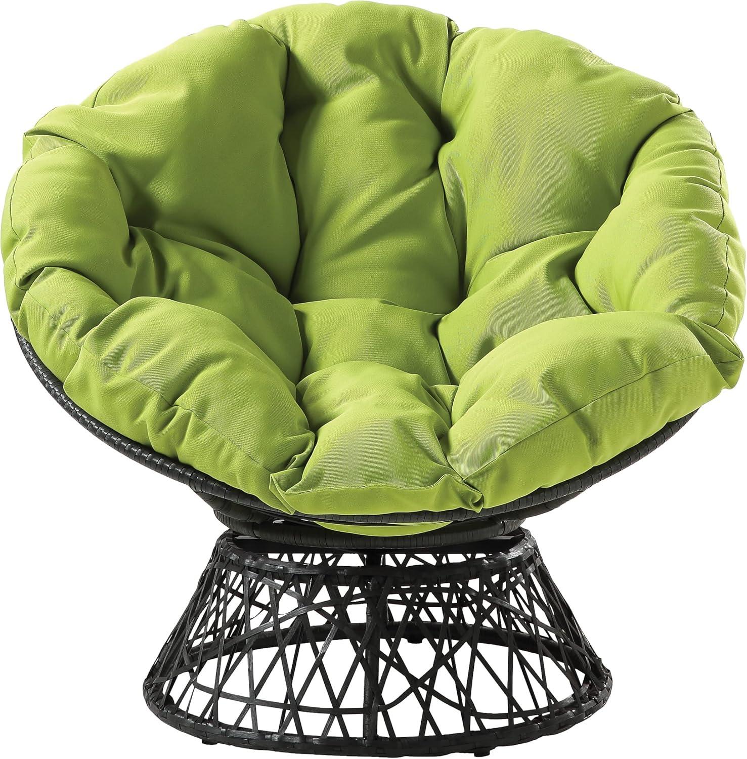 Papasan Chair with Green Fabric cushion and Black Resin Wicker Frame