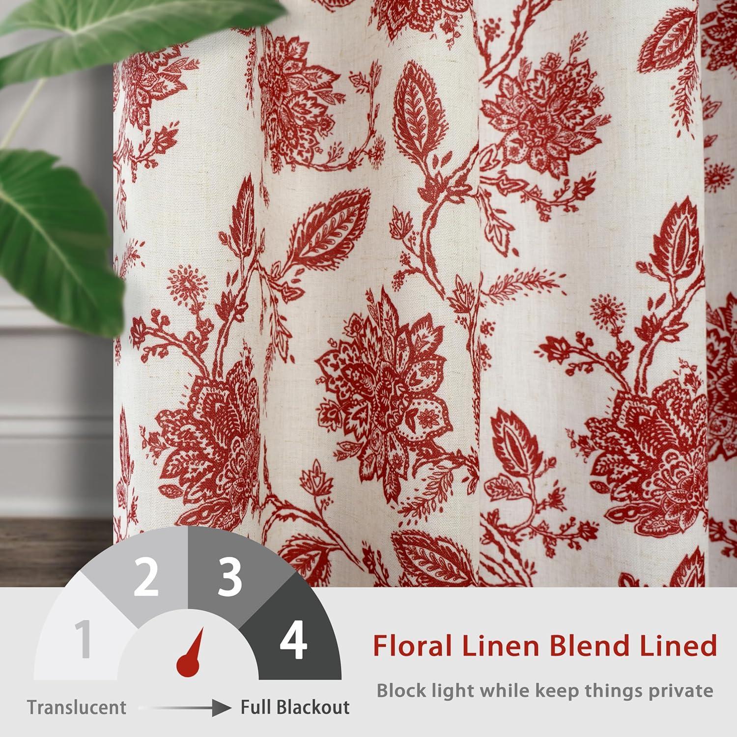 DriftAway Floral Linen Blend Lined Thermal Insulated Room Darkening Blackout Grommet Window Curtains 2 Panels 96"L x 52"W Red Beige