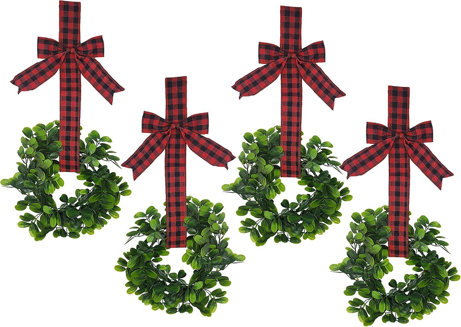 KOVOT Set of 4 Hanging Wreaths with Plaid Ribbon Bow. Christmas Decoration for Cabinets, Behind Chairs, Doors, Railings & Windows - Black & Red